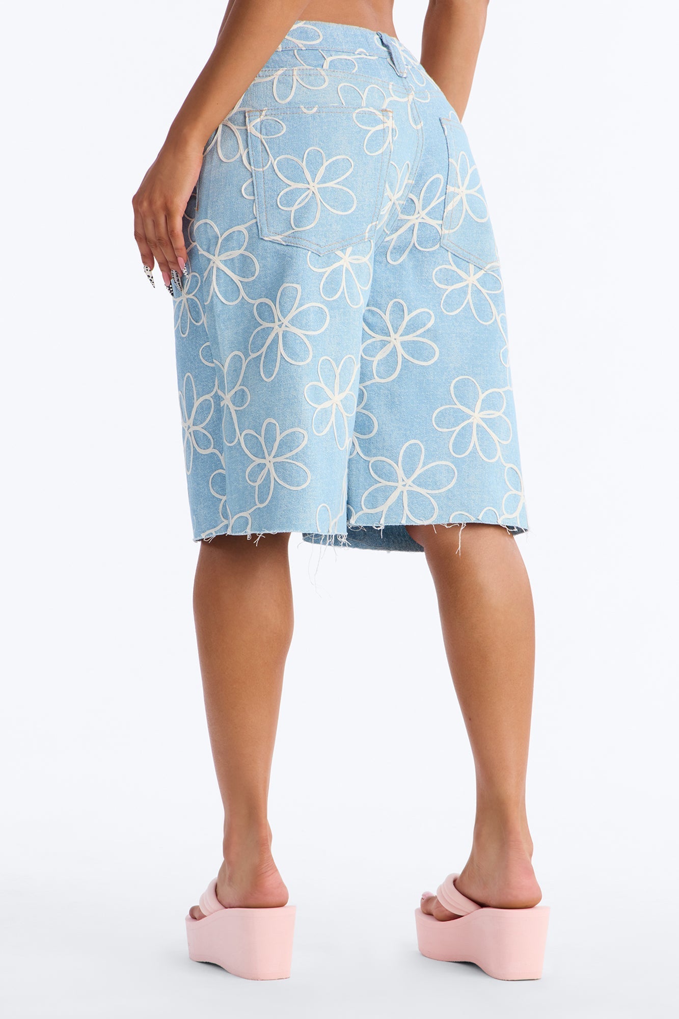 Good Vibes Embroidered Denim Jorts - Light Wash