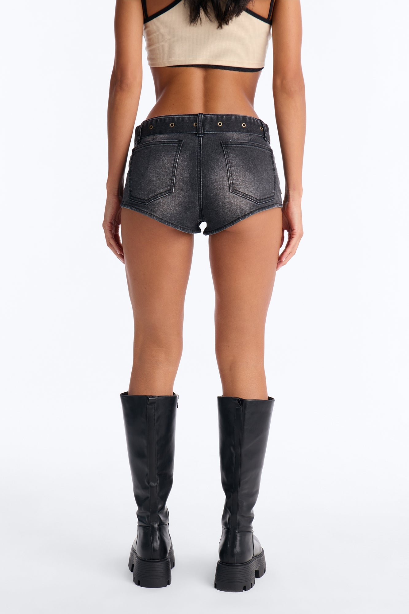 With The Crew Belted Low Rise Denim Shorts - Black Wash