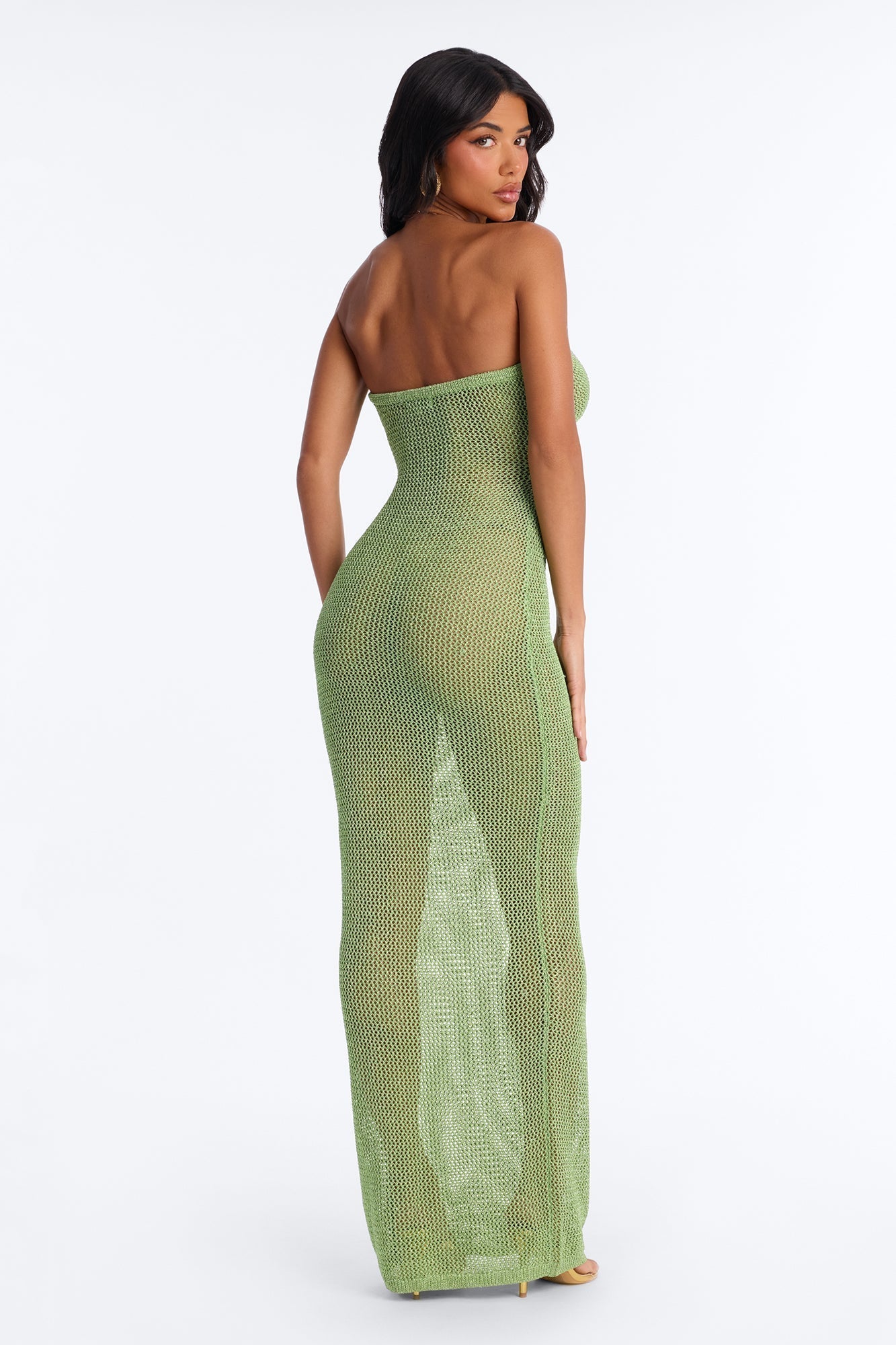 Island Heat Fringe Metallic Crochet Maxi Dress - Green