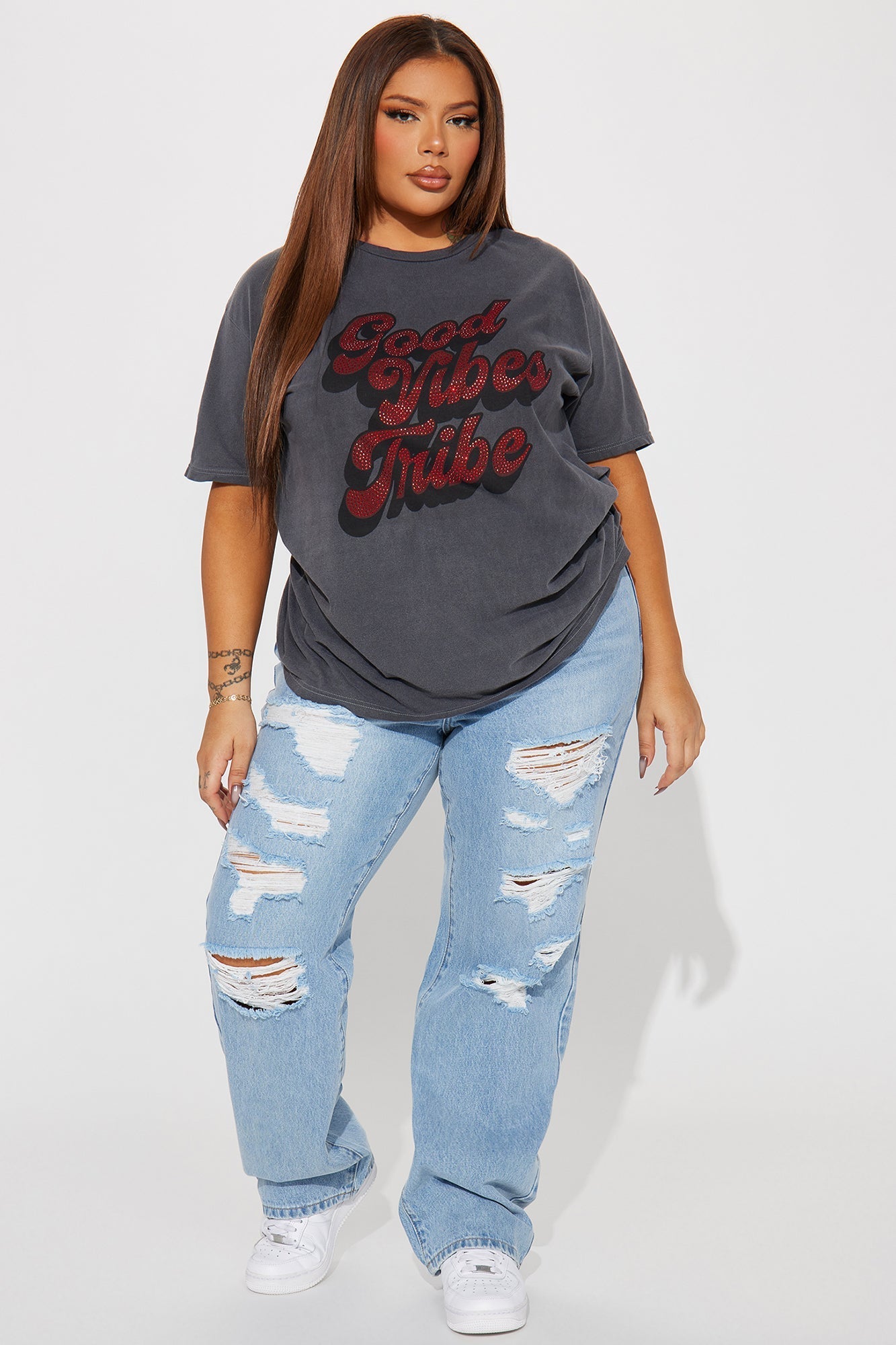 Good Vibes Tribe Rhinestone Tshirt - Charcoal