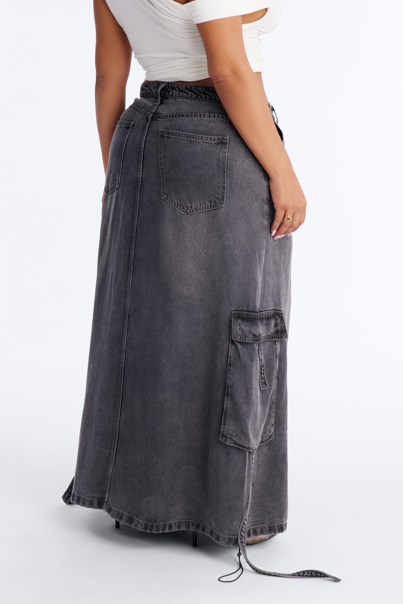 Cool Girl Low Rise Denim Cargo Jogger Maxi Skirt - Charcoal