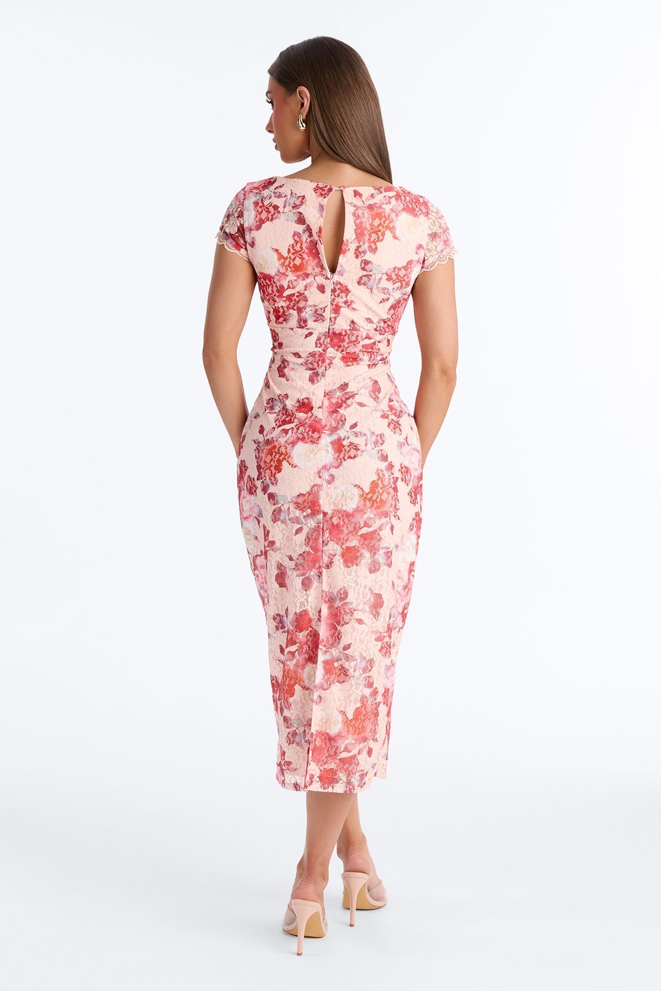 Charlotte Floral Lace Midi Dress - Red/combo