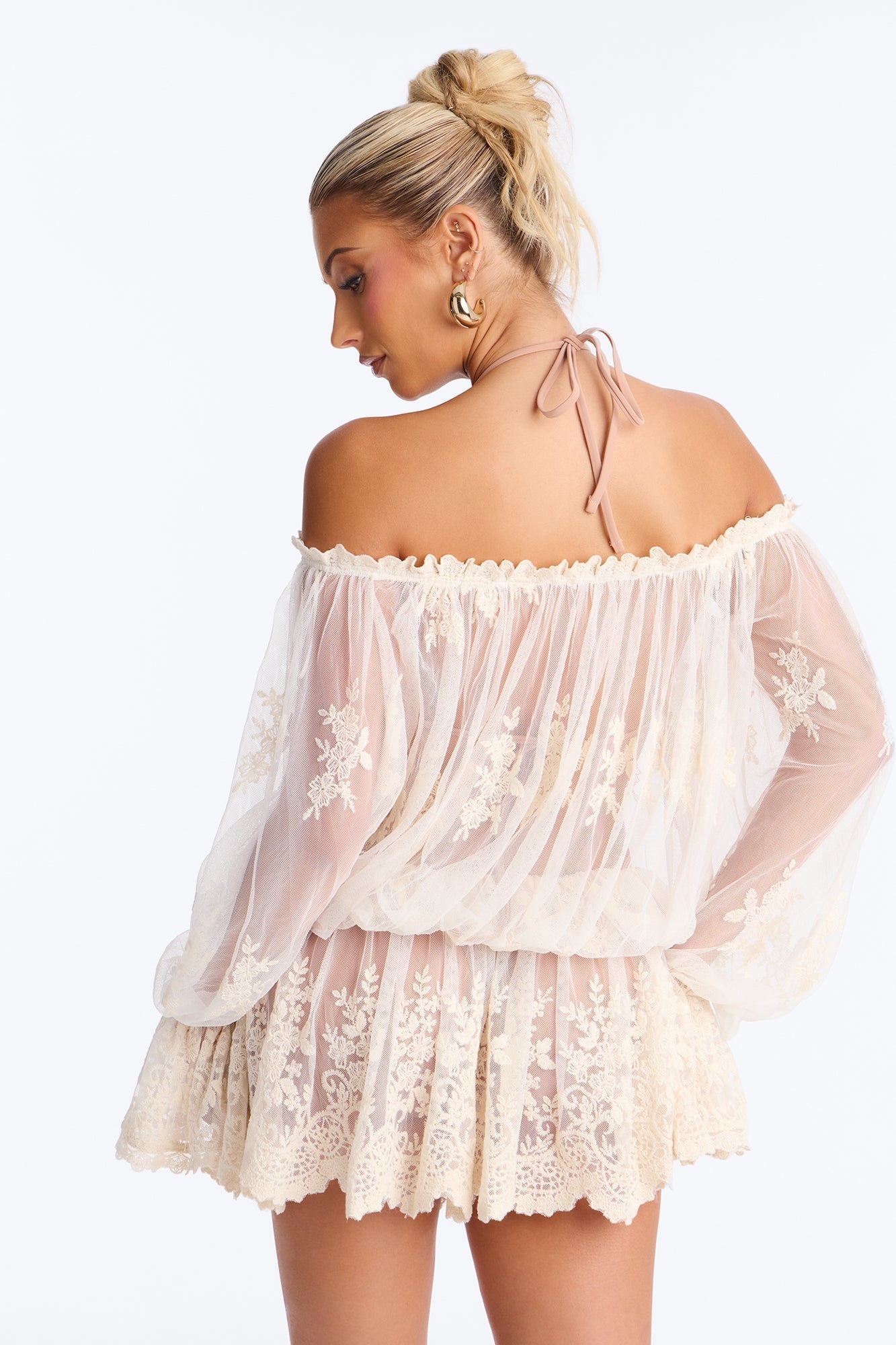 Blossom Mesh Embroidery Long Sleeve Mini Dress - Cream