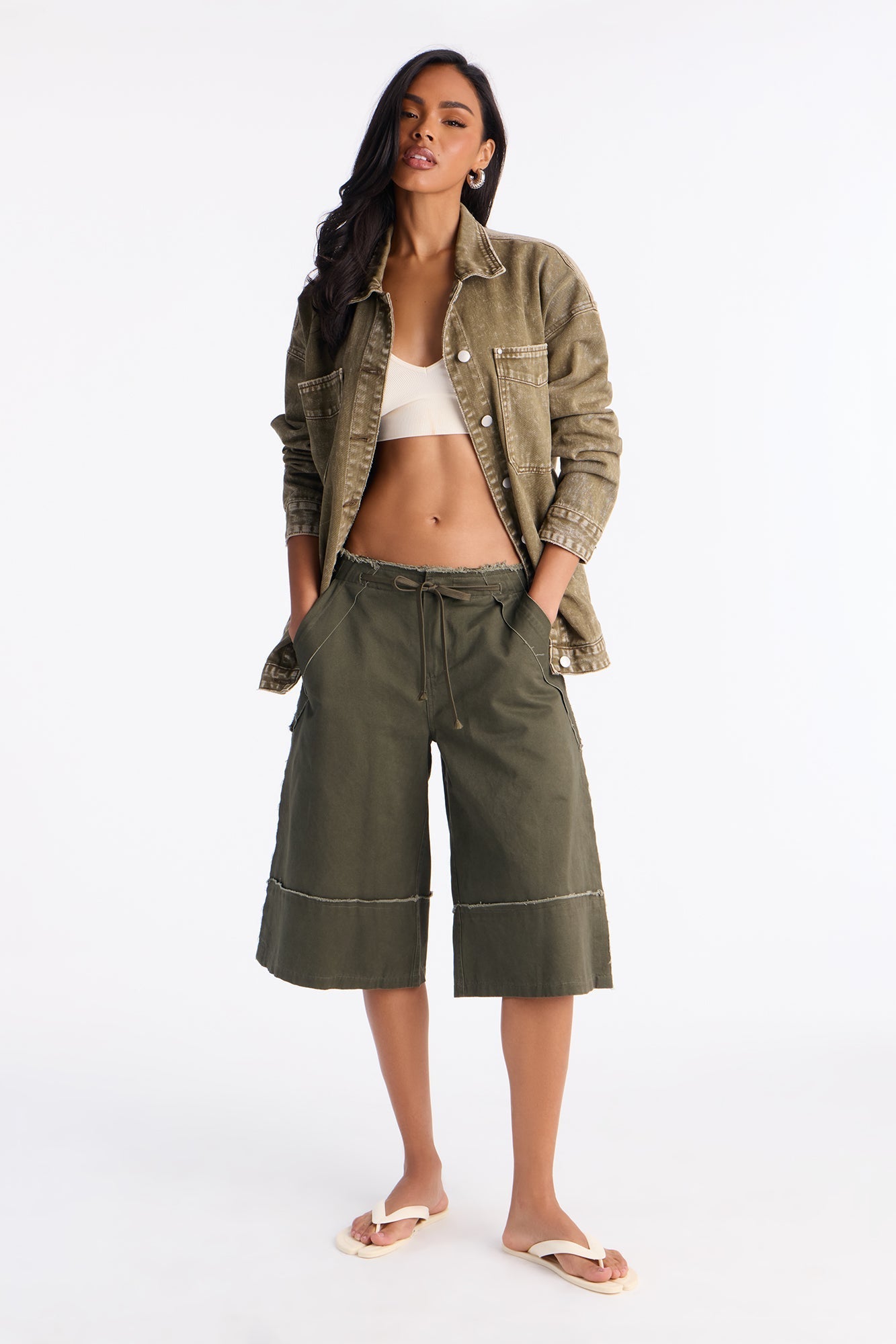 Frankie Distressed Low Rise Bermuda Short - Olive