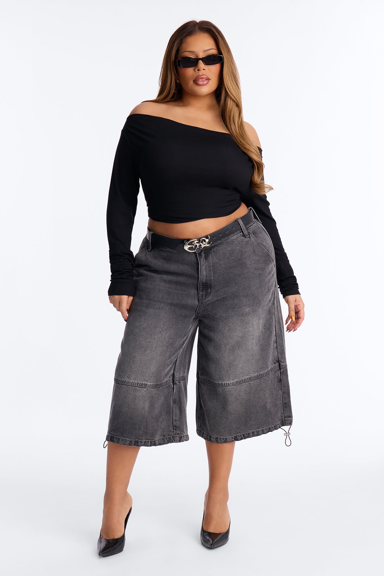 Chelsea Drapey Denim Jorts - Grey