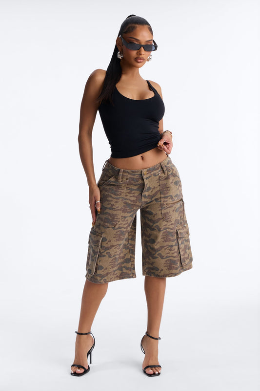 Declassified Camo Cargo Baggy Denim Jorts - Brown Combo