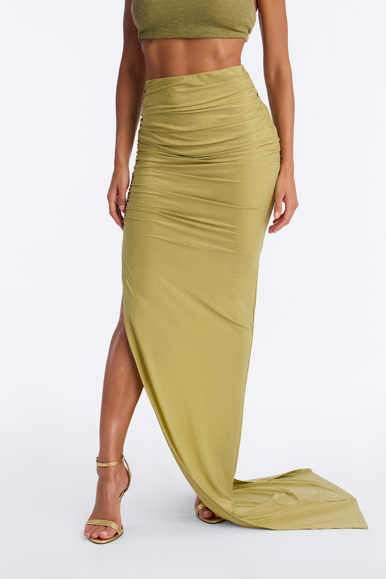 Lavish Life High Slit Shimmer Maxi Skirt - Sage