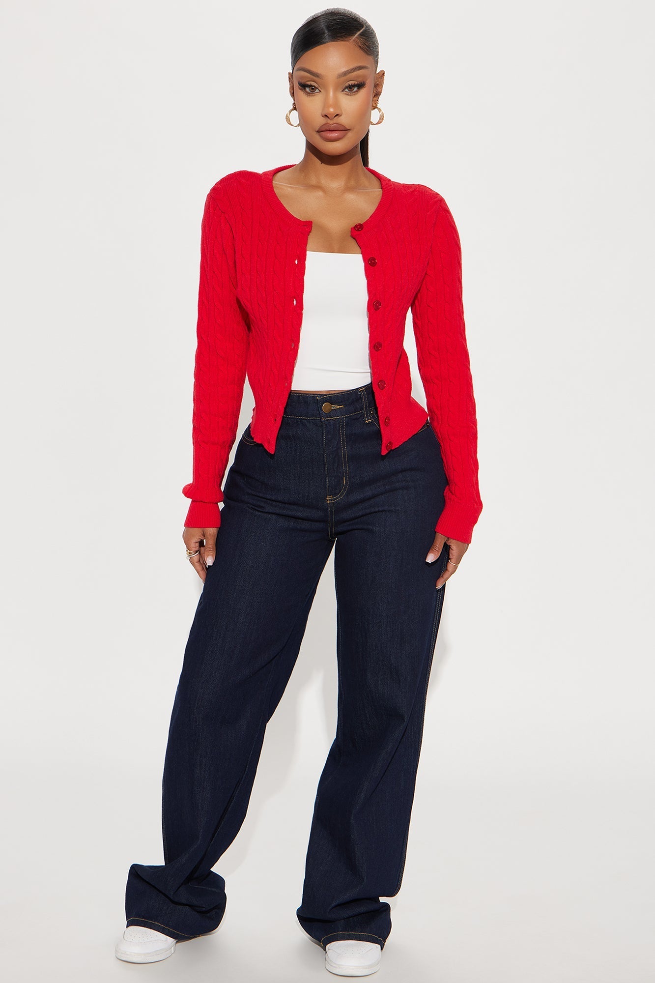 Elowen Cable Knit Cardigan - Red