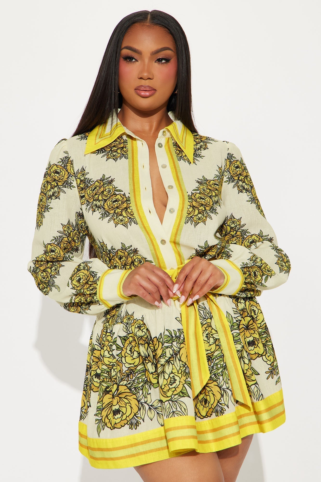 Garden Party Linen Mini Dress - Yellow/combo