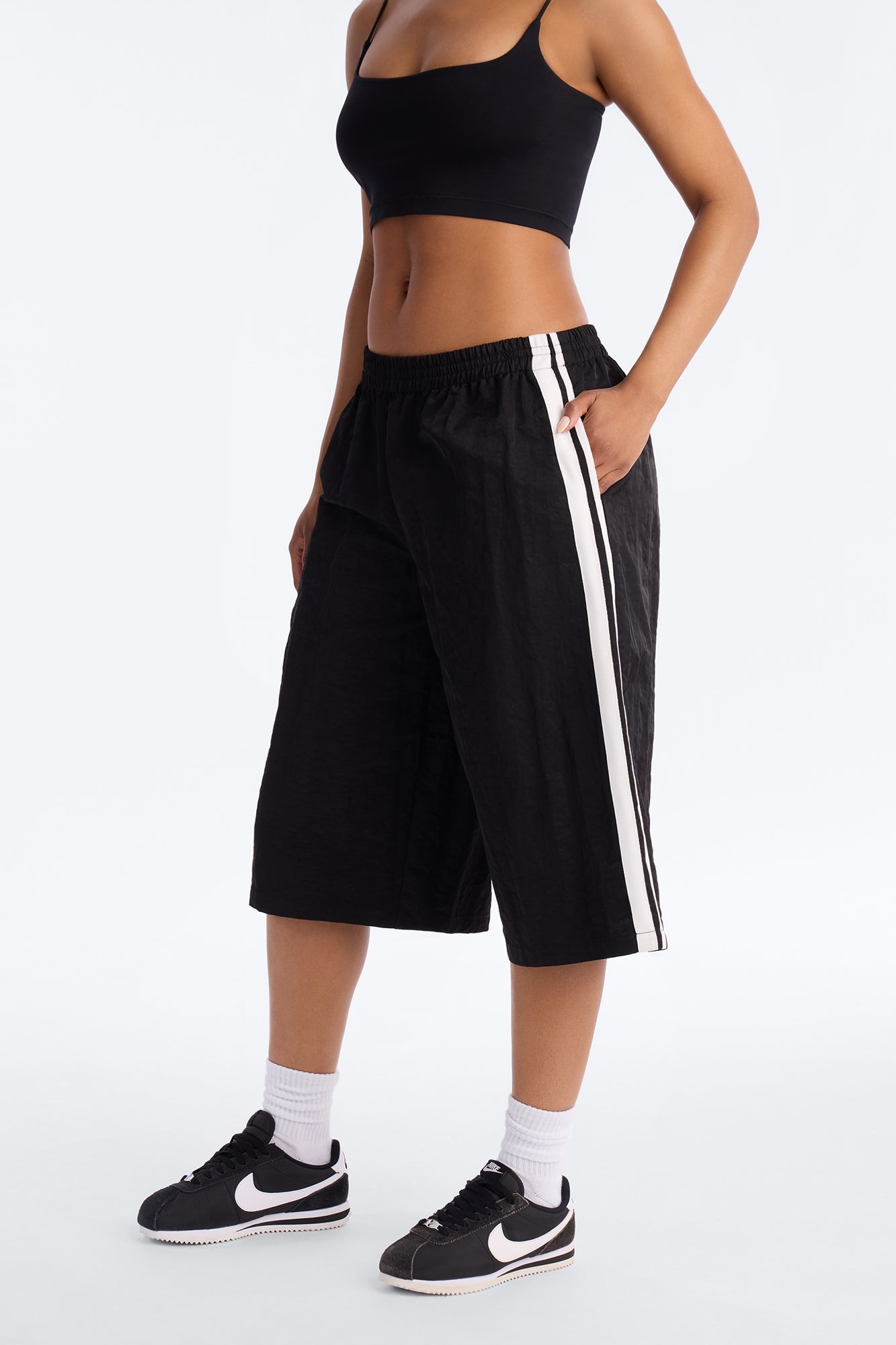 Can't Keep Up Striped Bermuda Track Short - Black/White