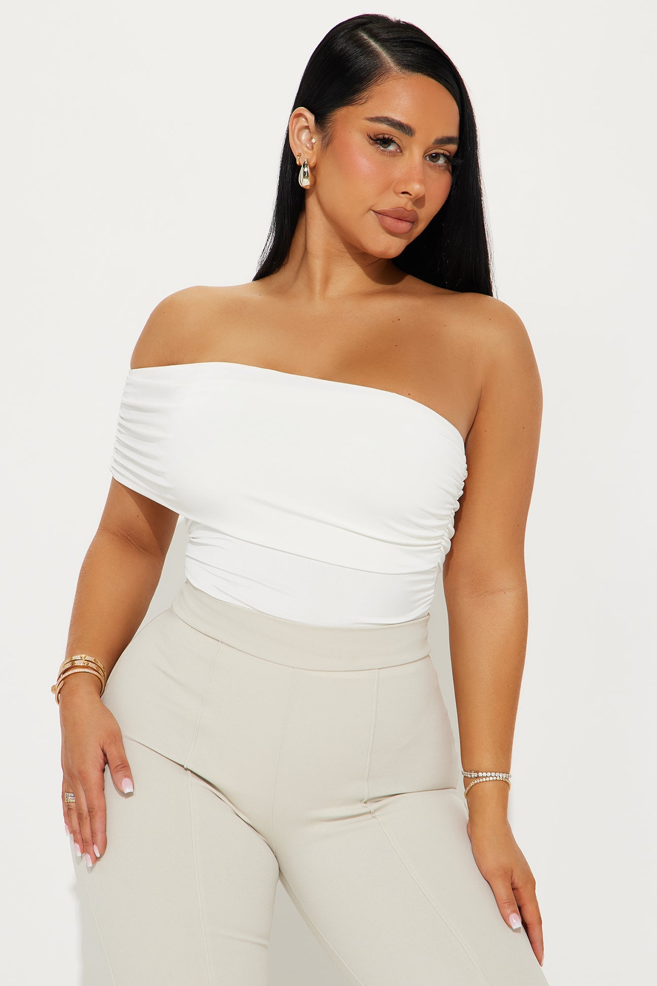 Reese Off Shoulder Ruched Bodysuit - Ivory