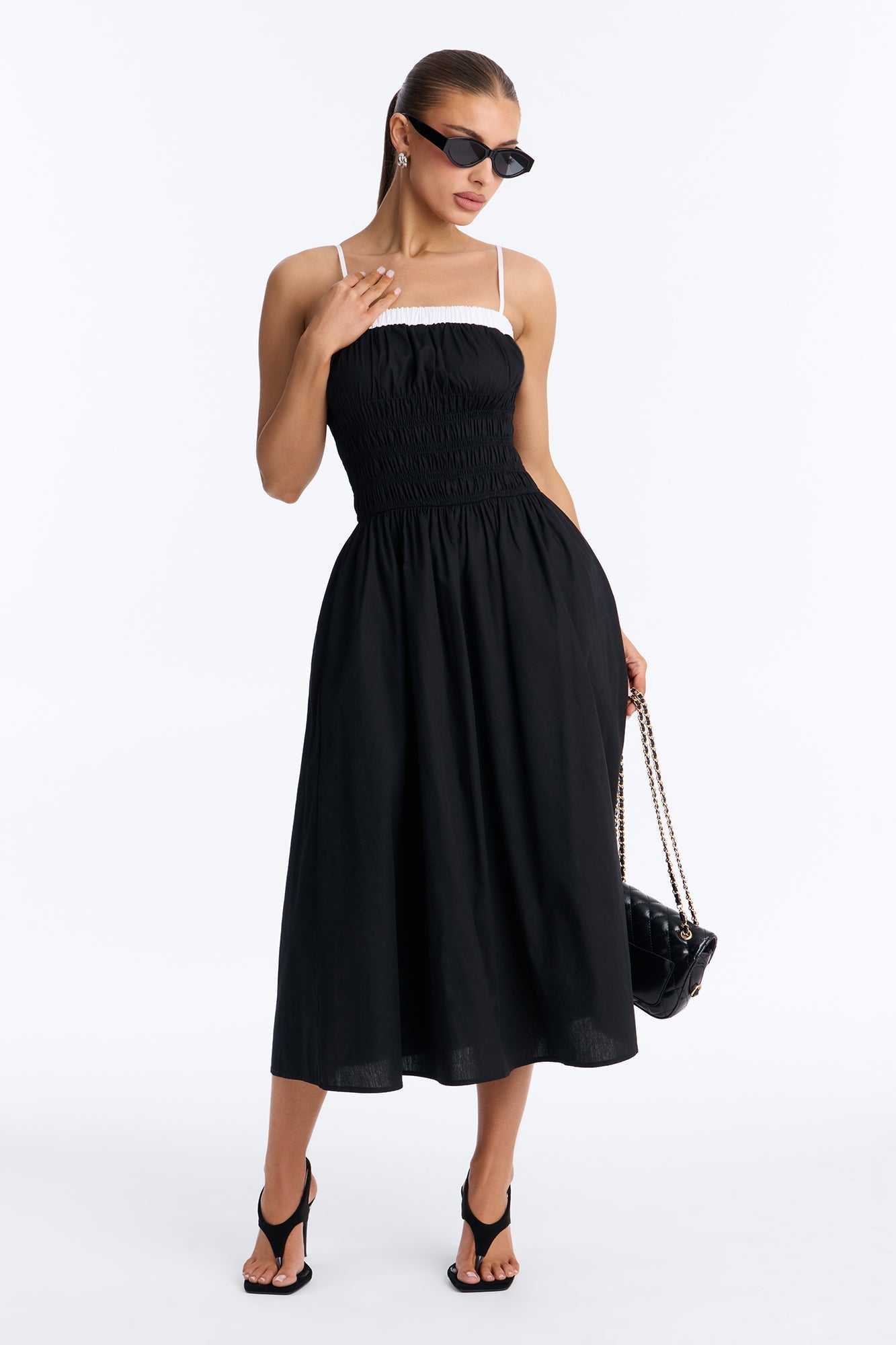Sabrina Ruched Poplin Midi Dress - Black/White