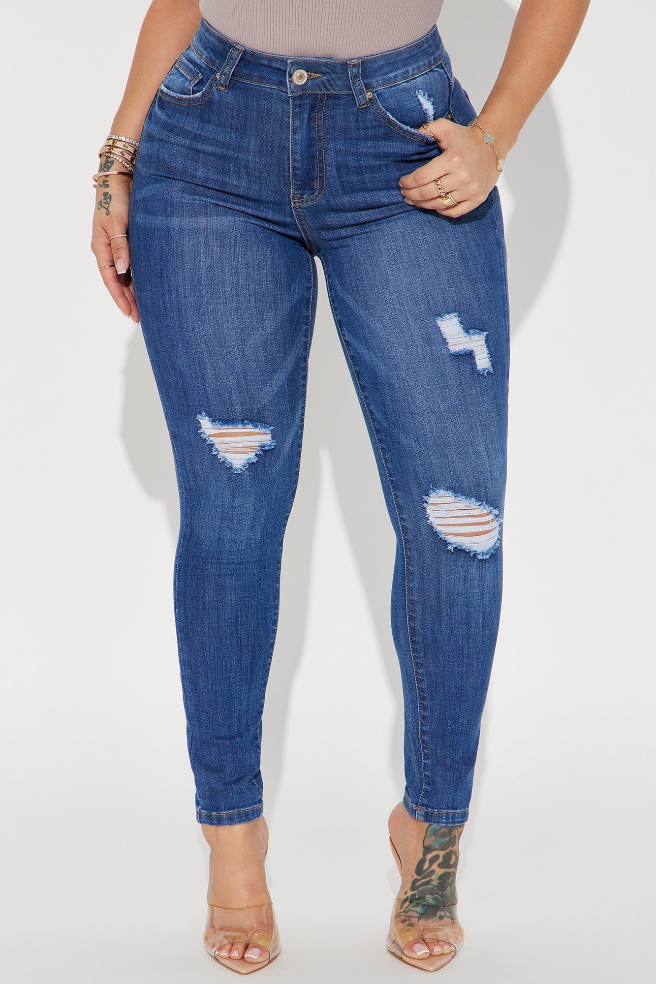 Higher Frequency Stretch Ripped Skinny Jeans - Medium Wash