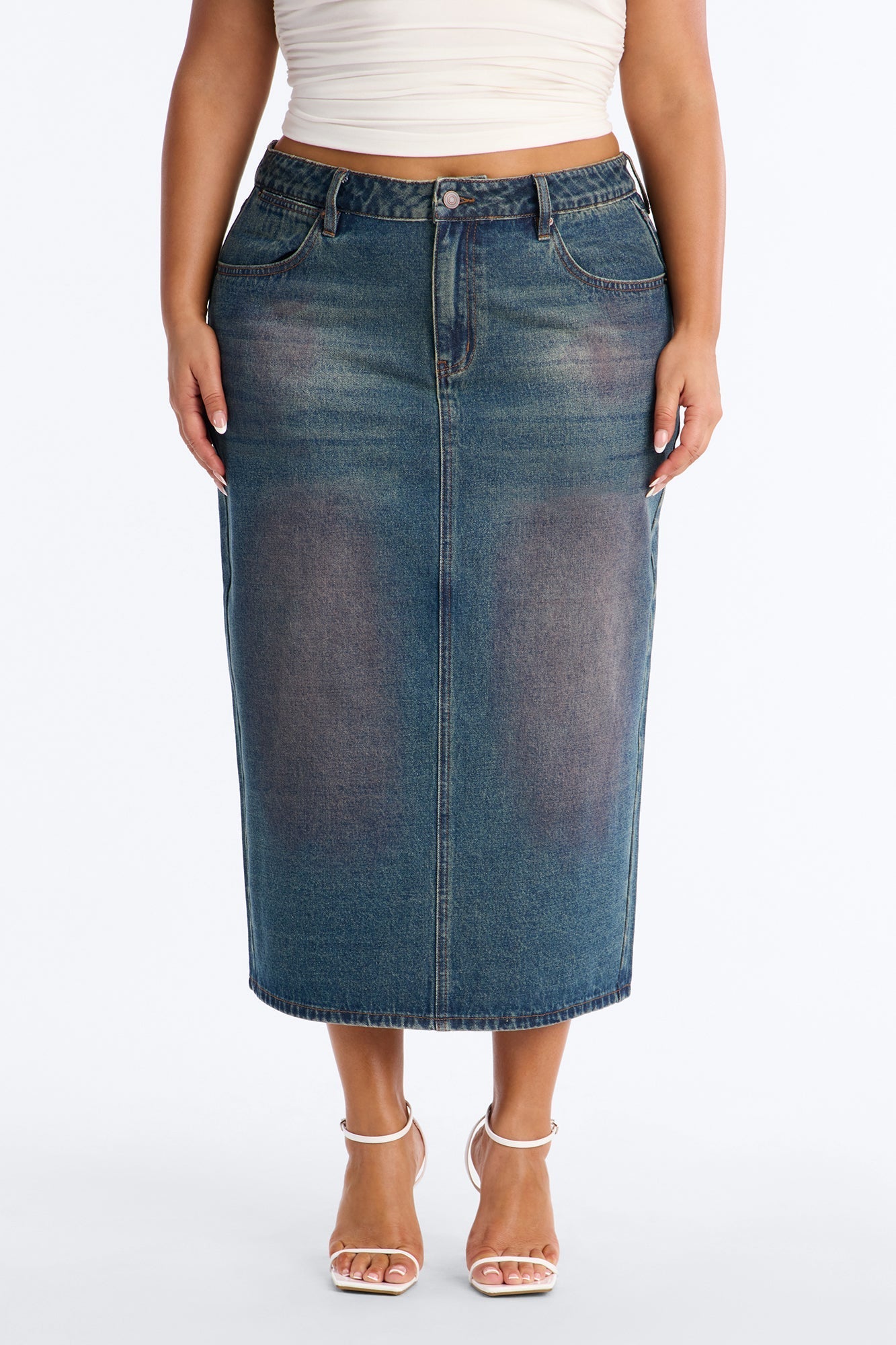 Adri Pink Tinted High Slit Denim Maxi Skirt - Vintage Wash