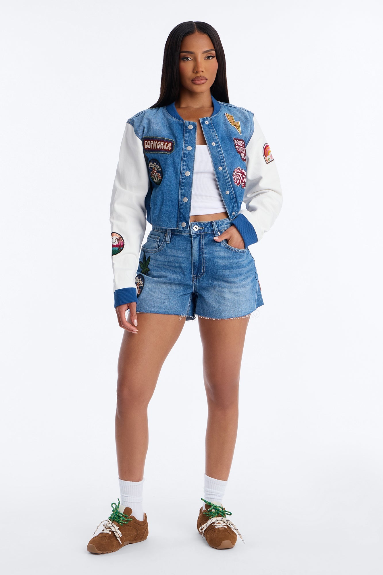 Golden State Cutie Patch Cut Off Denim Shorts - Medium Wash