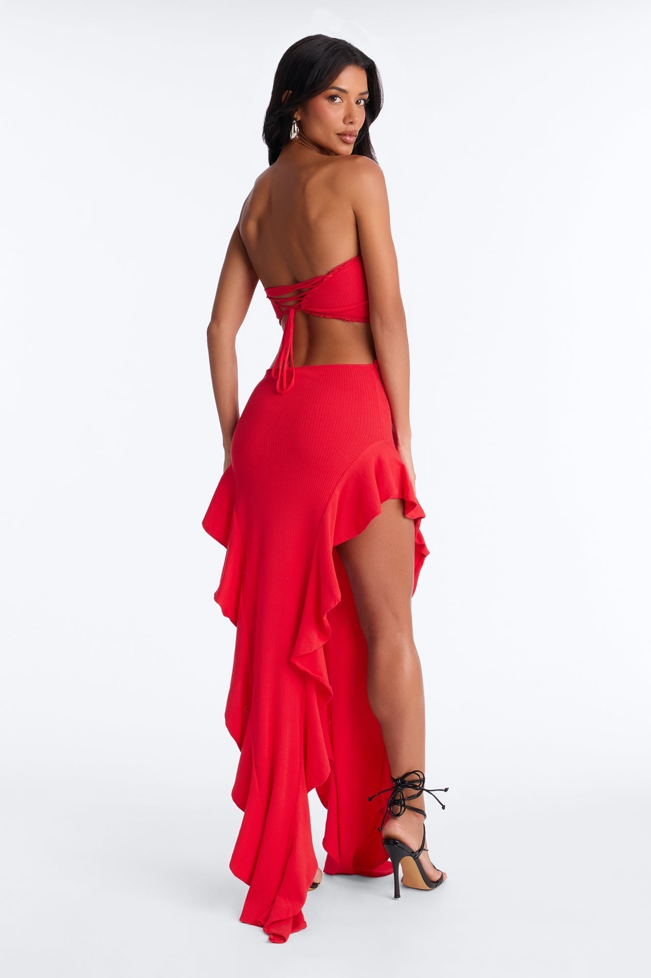 Baddie Behavior Ruffle Ribbed Maxi Dress - Red