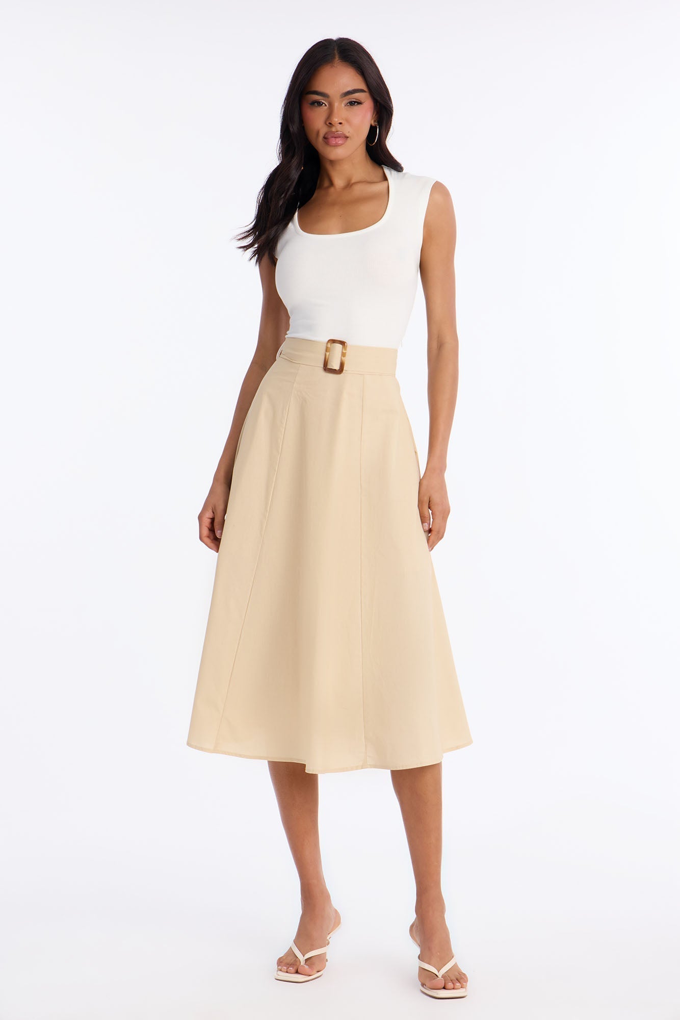 Sandra Contrast Belted Midi Dress - Taupe/combo