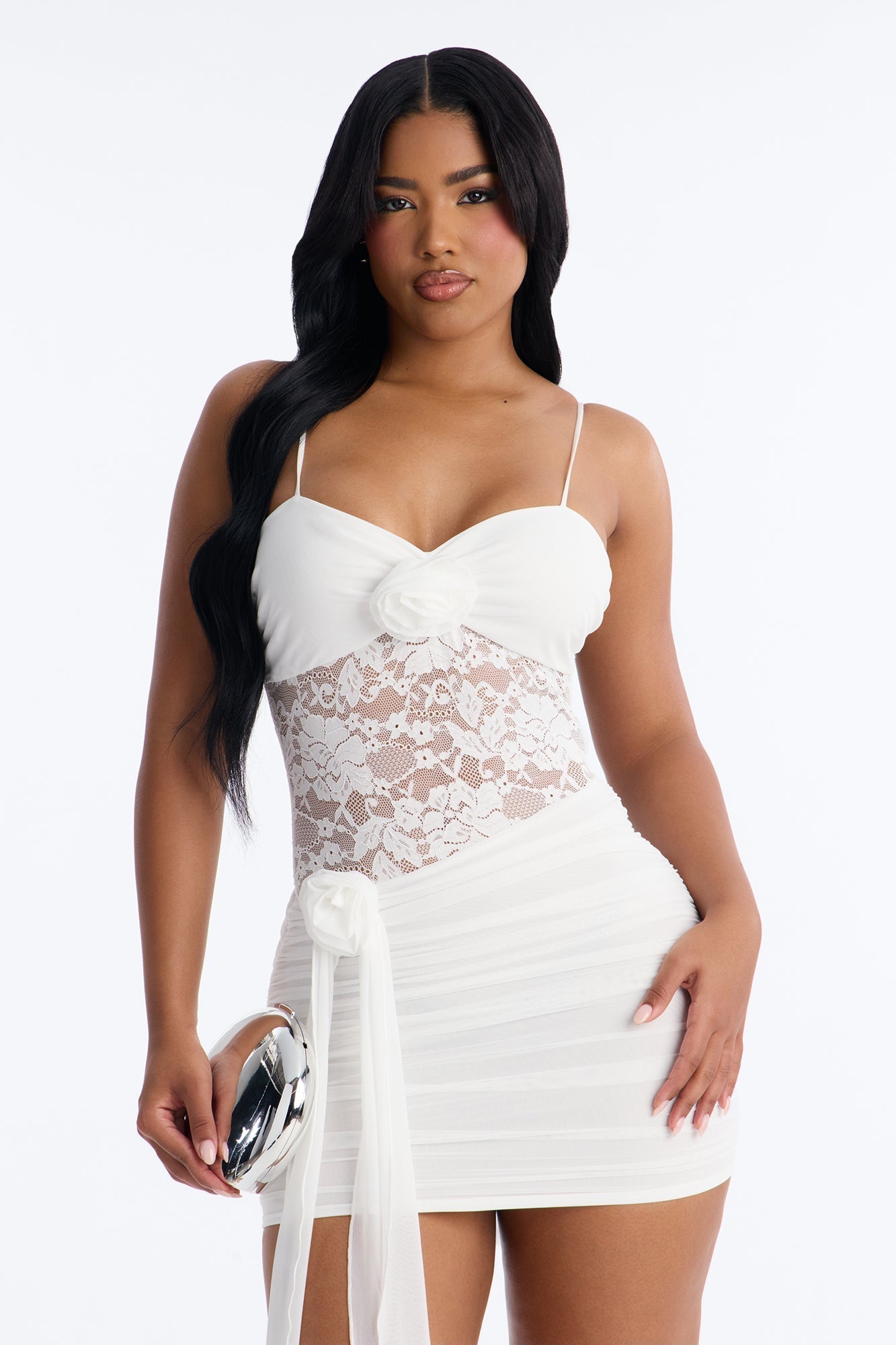 Madison Lace Cut Out Mesh Mini Dress - Ivory