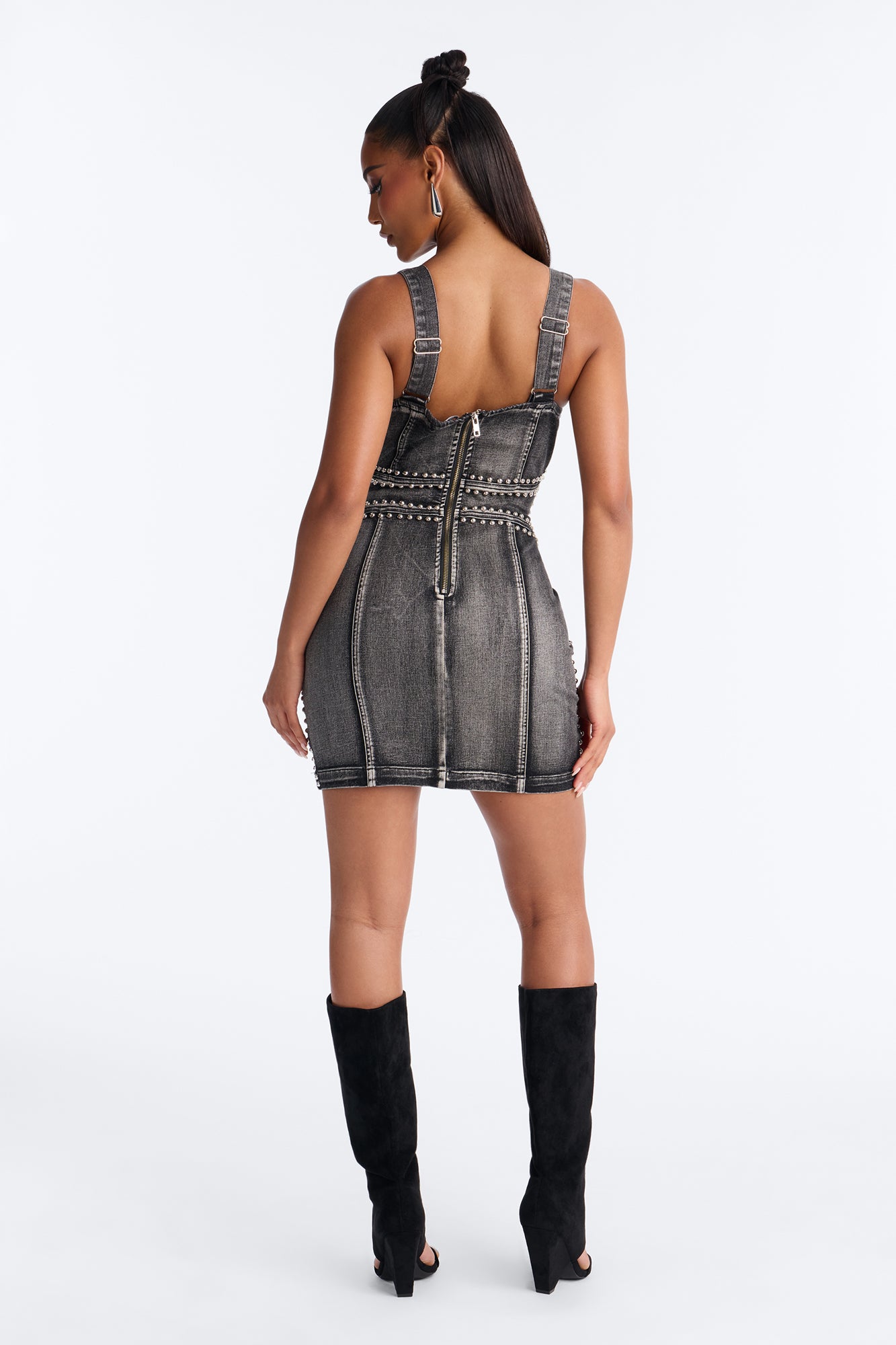 Kassidy Studded Stretch Denim Micro Mini Dress - Black Wash