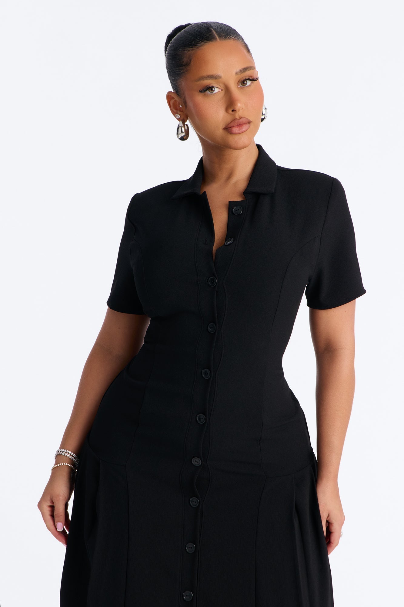 Delaney Button Up Pleated Midi Dress - Black
