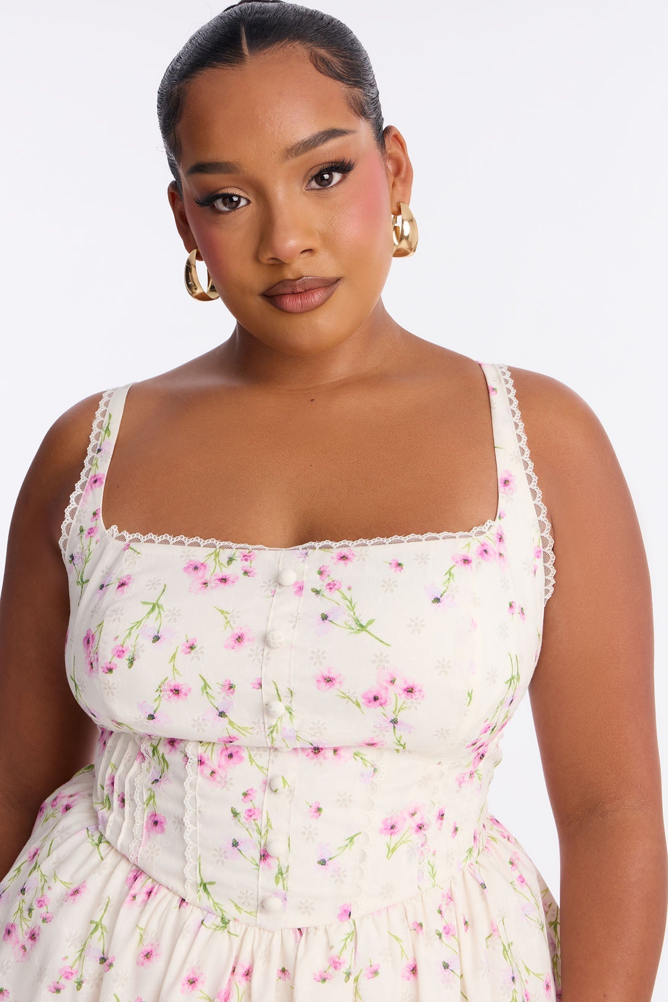 Madison Lace Trim Floral Mini Dress - Pink