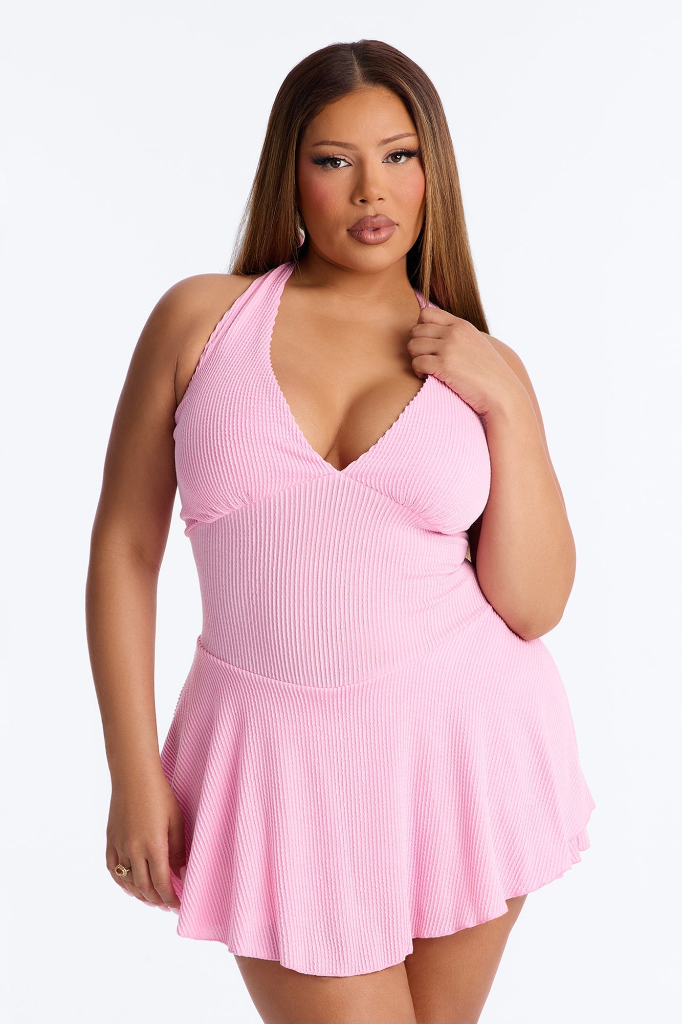 Kamryn Halter Ribbed Mini Dress - Pink