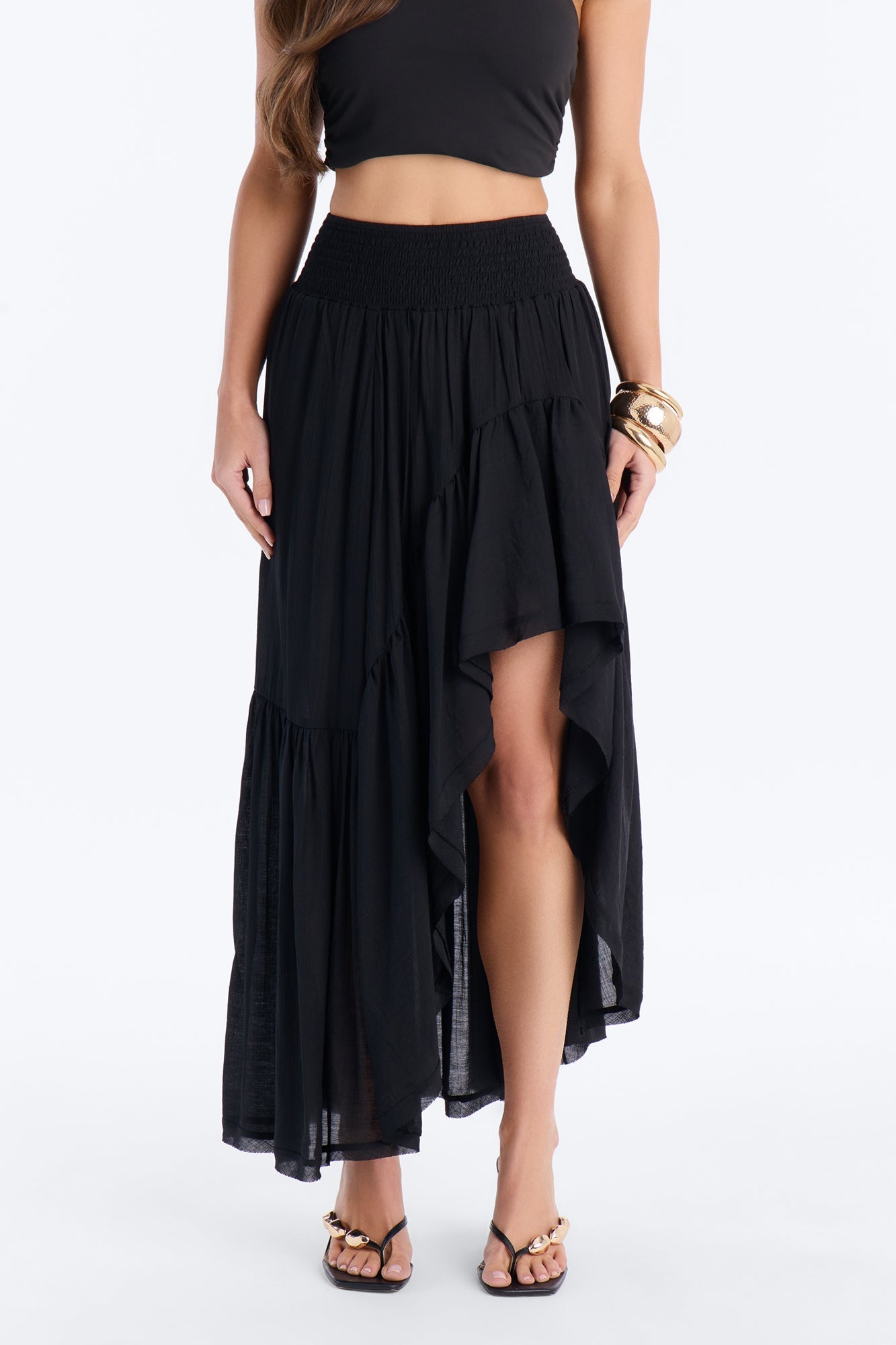 Daydreamer Asymmetrical Tiered Maxi Skirt - Black