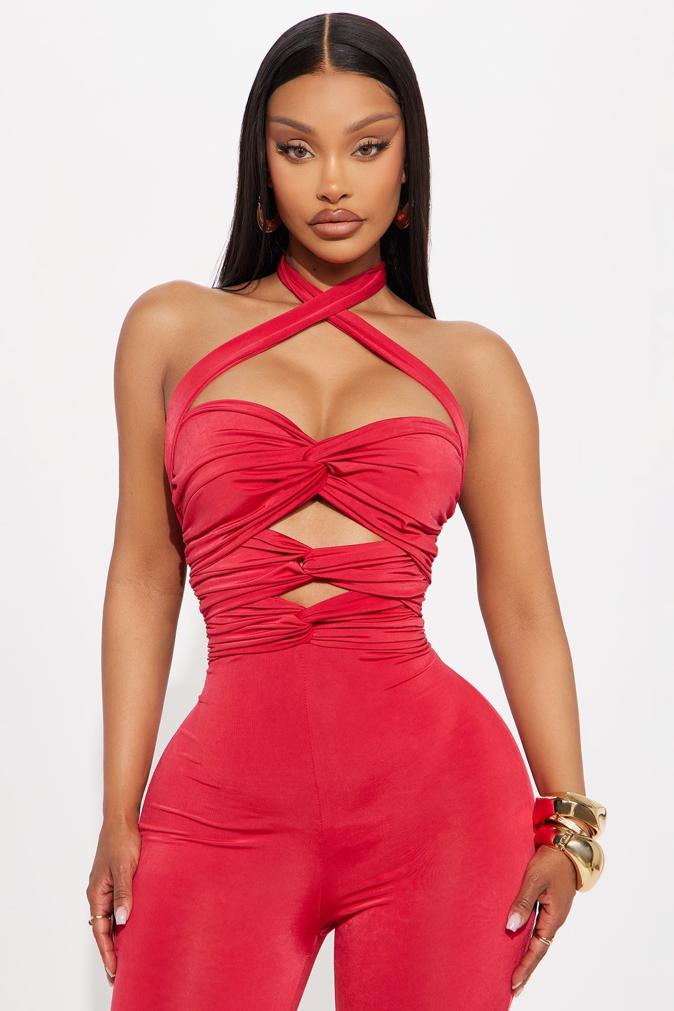 Dare Me Ruched Cut Out Halter Jumpsuit - Red
