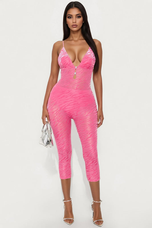 Get It Together Mesh Capri Jumpsuit - Hot Pink
