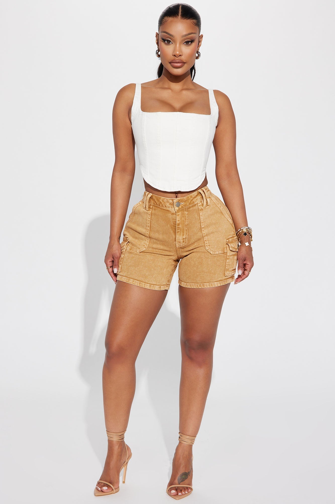 Do You Dare Stretch Denim Cargo Shorts - Tan