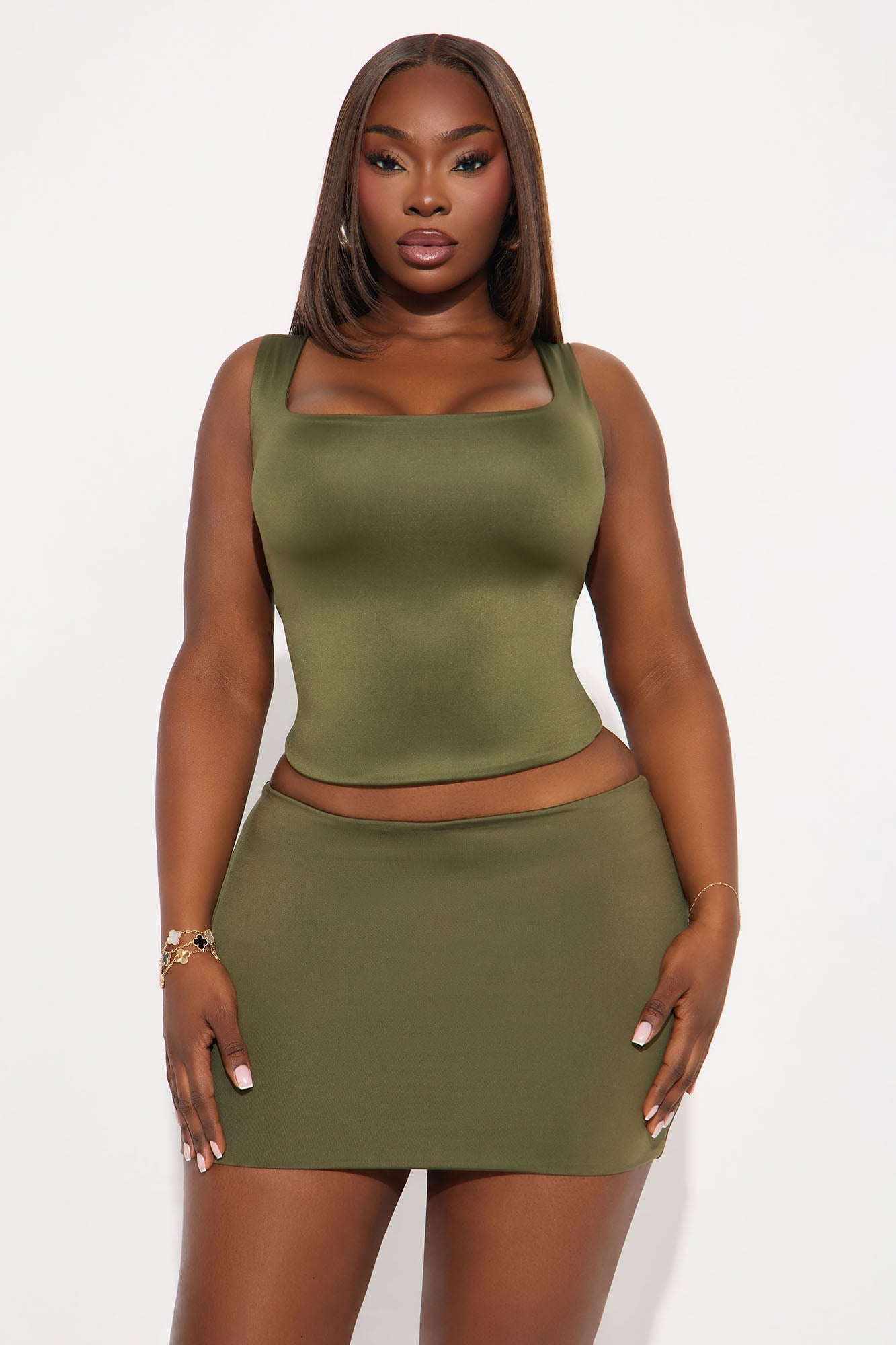 Contour Double Lined Square Neck Tank Top - Military Green