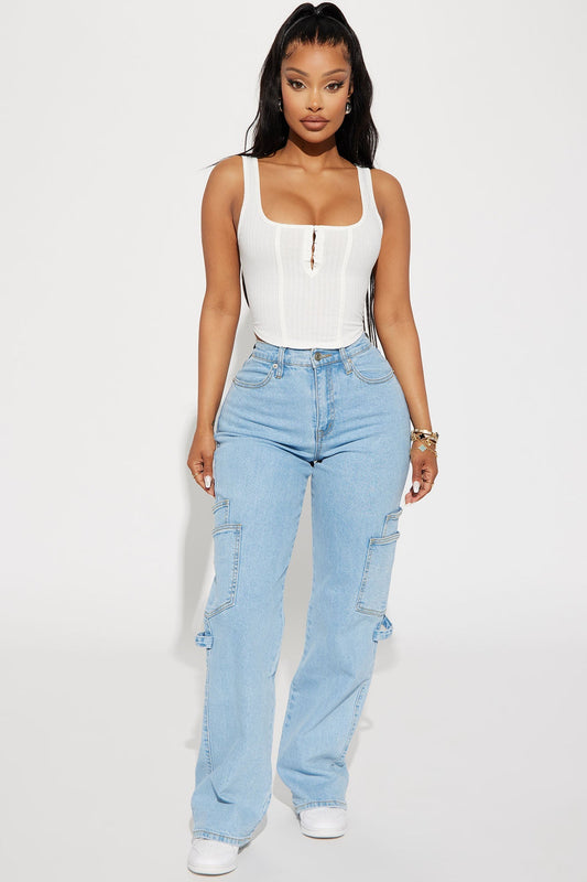 Step By Step Utility Straight Leg Jeans - Light Wash