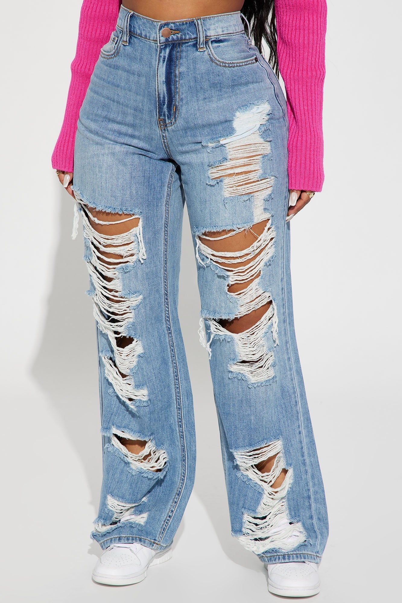 Sydney Shredded Non Stretch Loose Jeans - Medium Wash