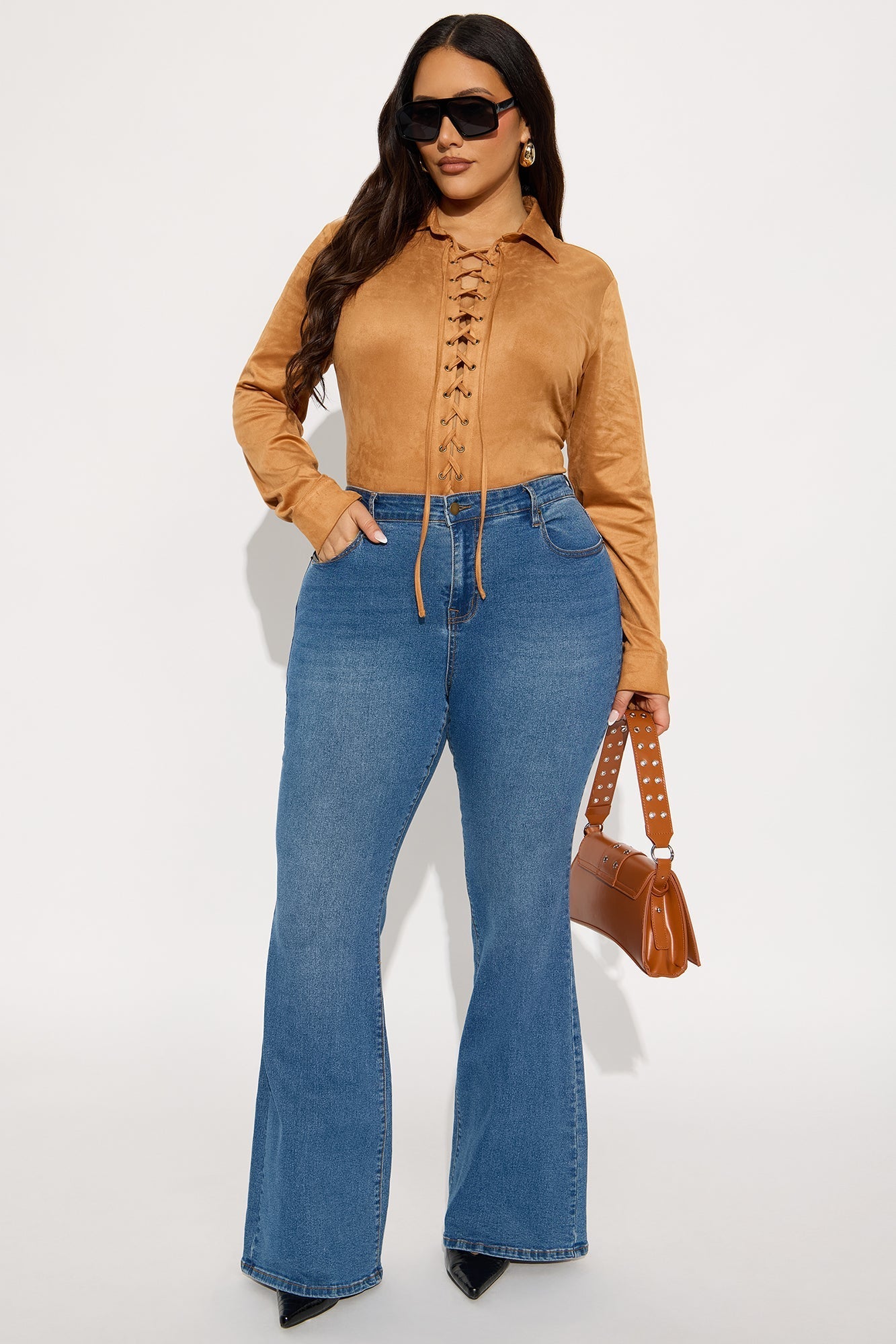 River Long Sleeve Lace Up Bodysuit - Camel