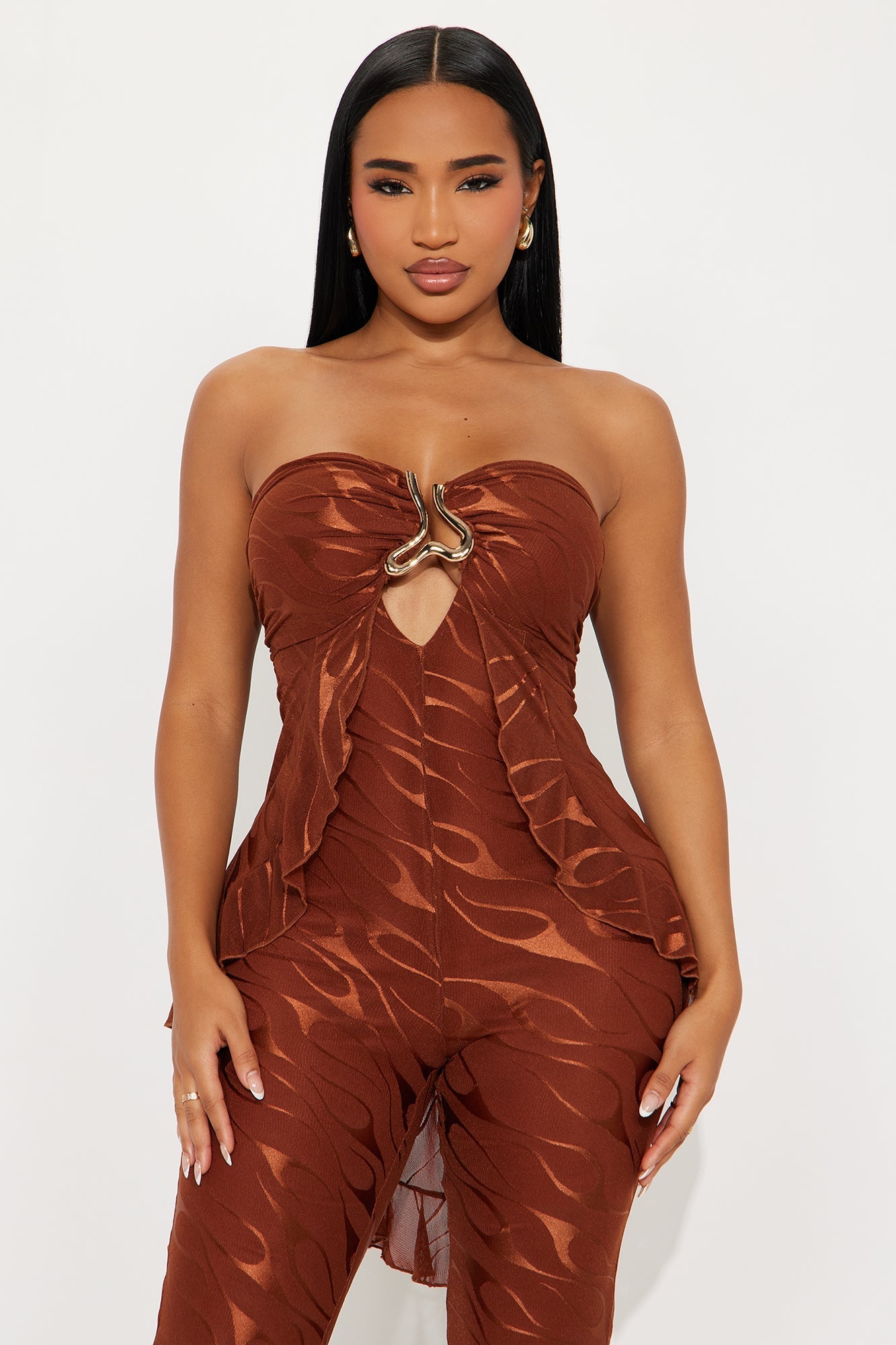 Weekend Glow Mesh Strapless Jumpsuit - Rust