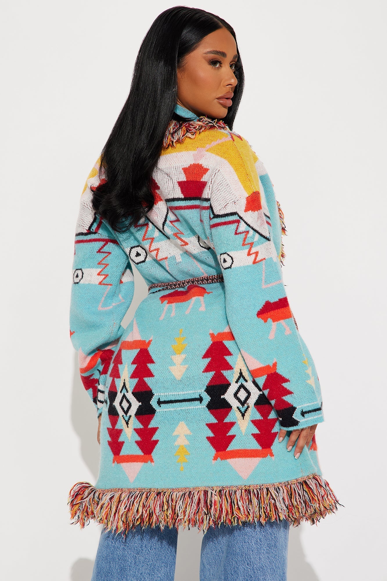 Western Day Fringe Cardigan - Blue/combo