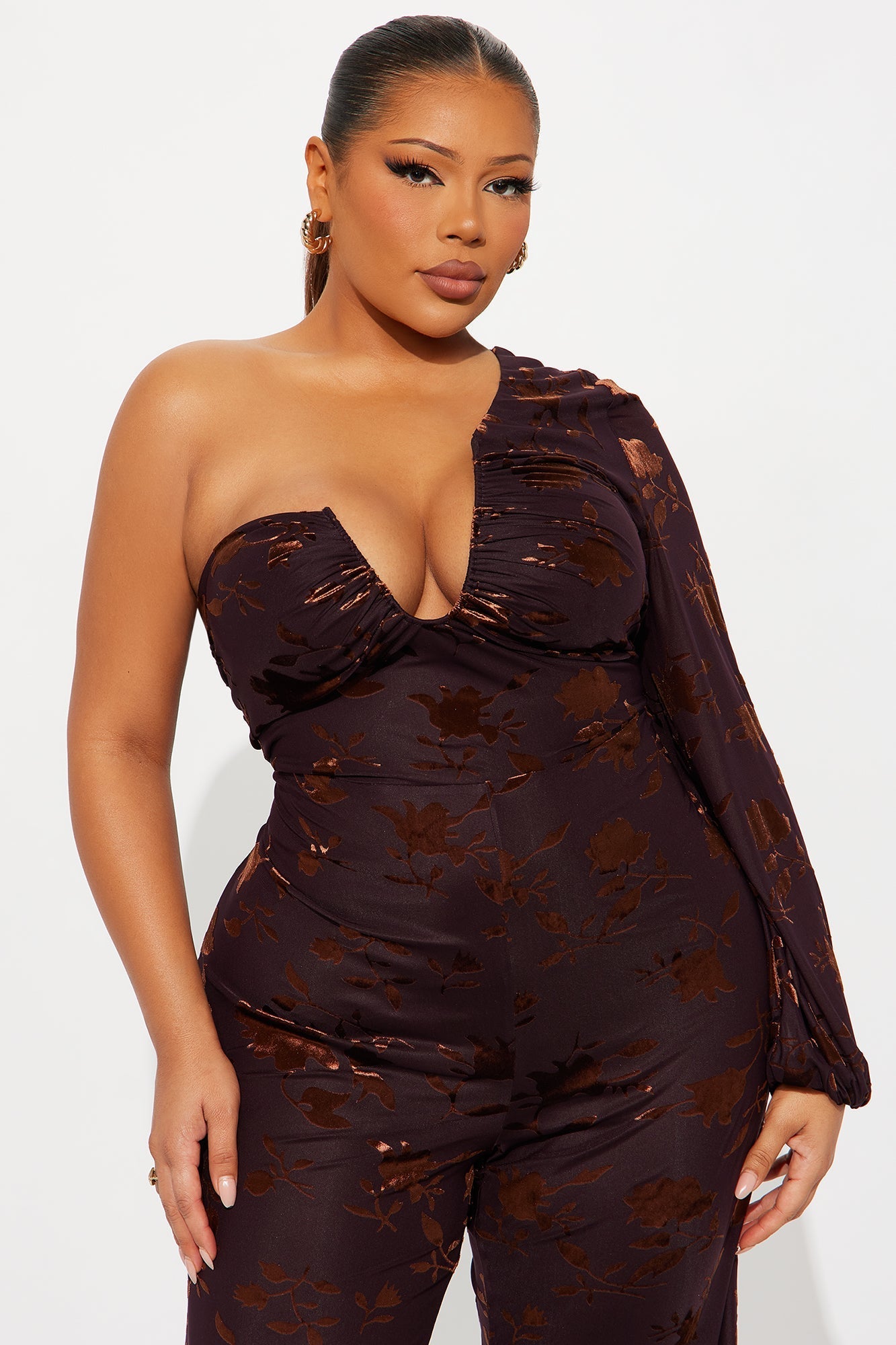 Cera One Sleeve Mesh Jumpsuit - Dark Brown