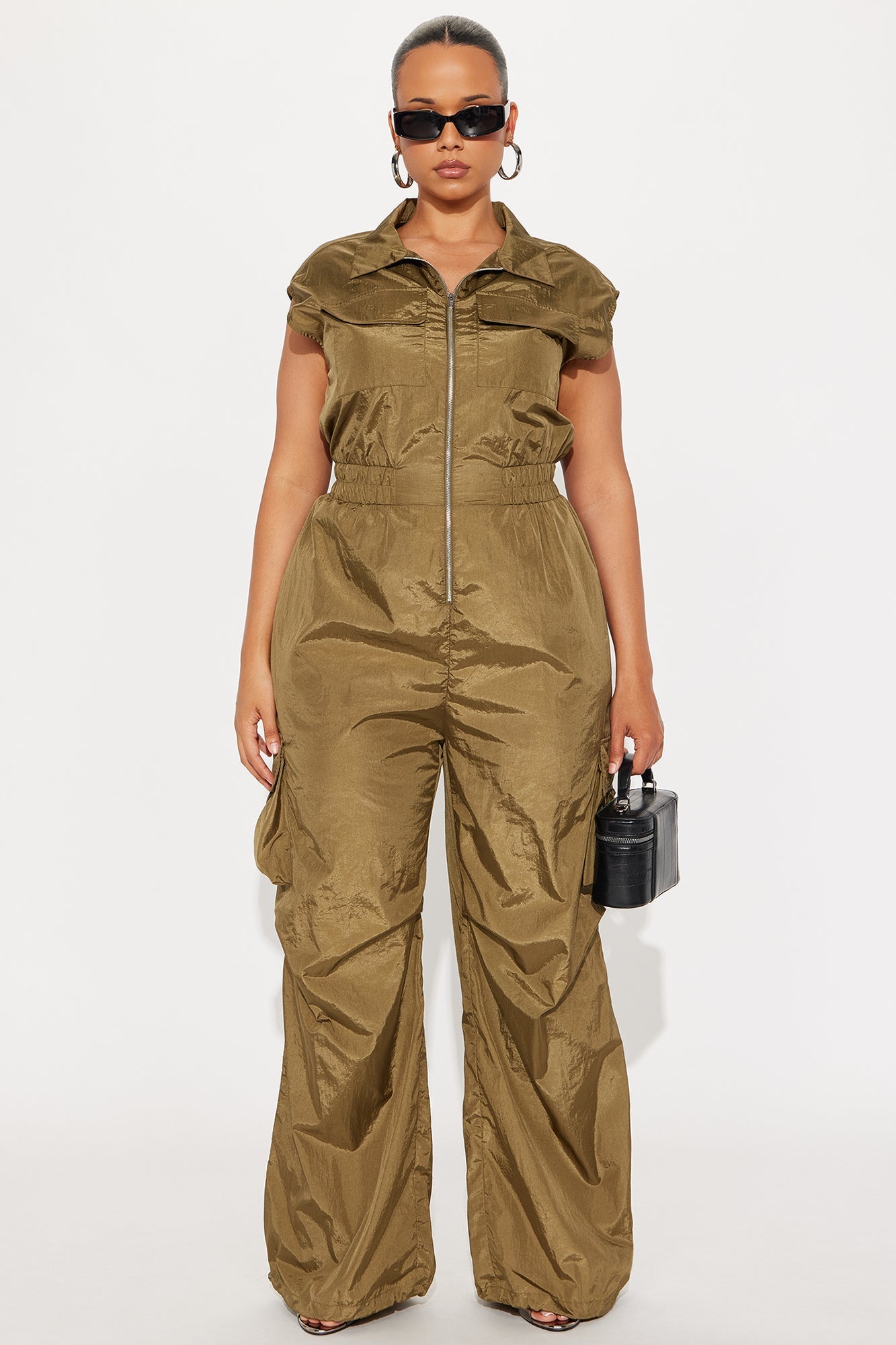 Remi Windbreaker Wide Leg Cargo Jumpsuit - Olive