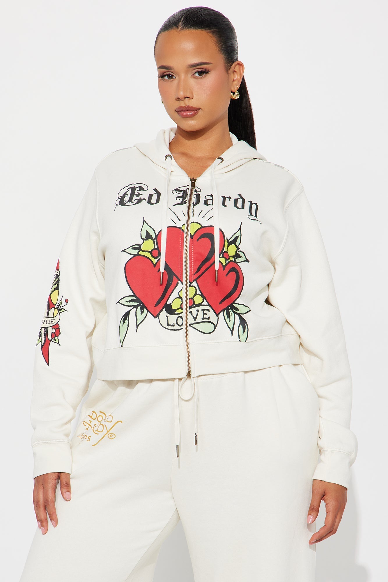 Ed Hardy Hearts Zip Front Hoodie - Stone