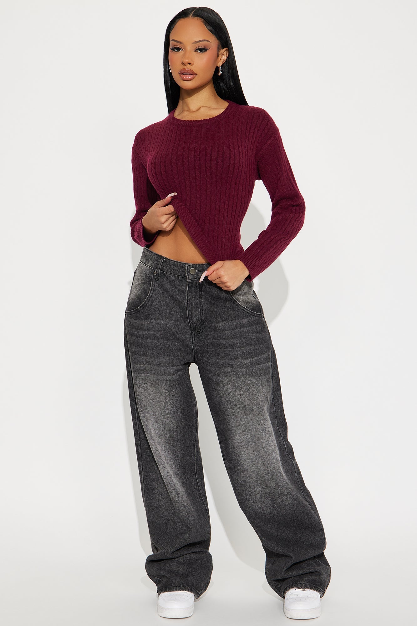 Chillin' It Cable Knit Sweater - Burgundy