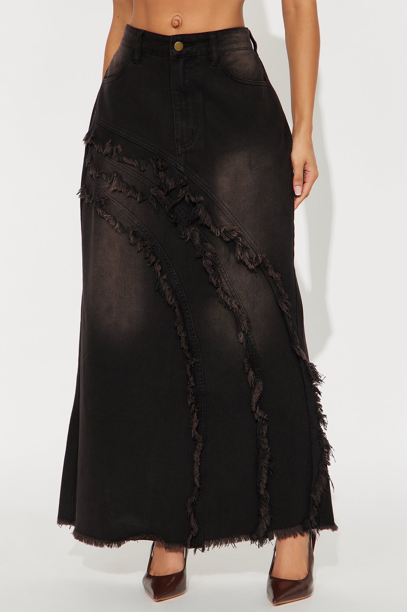 Out Past Curfew Washed Denim Maxi Skirt - Black Wash