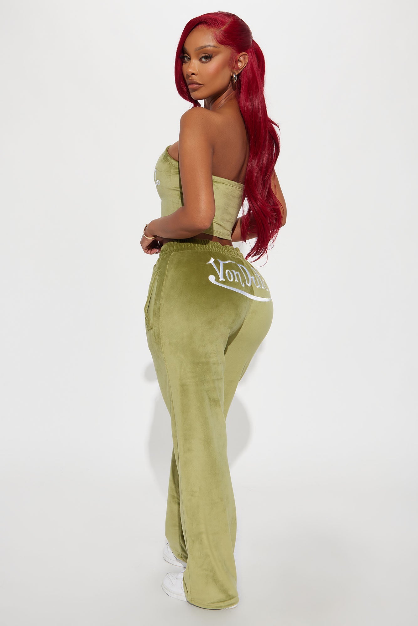 Von Dutch Velour Wide Leg Pant - Olive