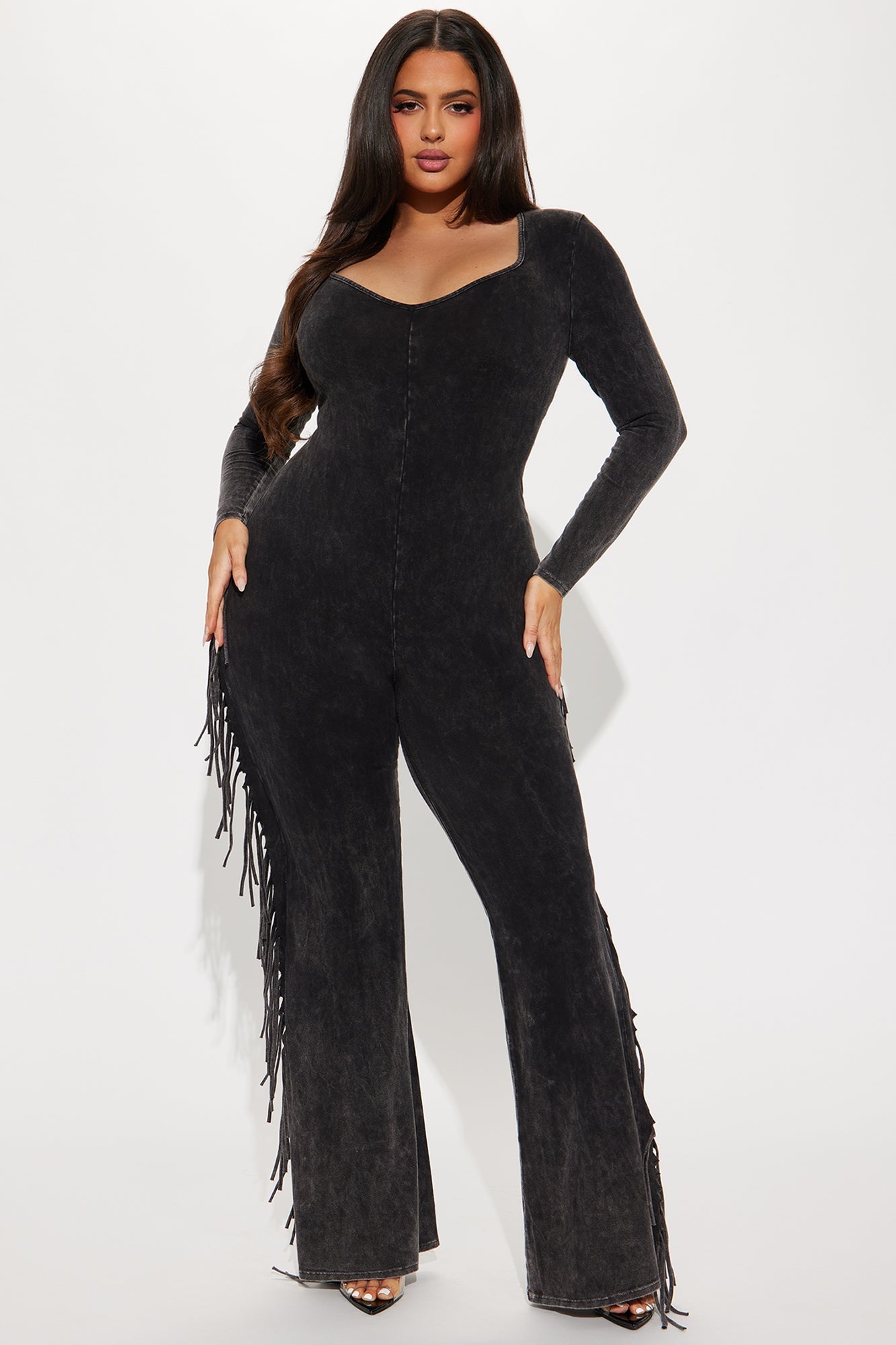 Carry Me Higher Long Sleeve Fringe Jumpsuit - Black