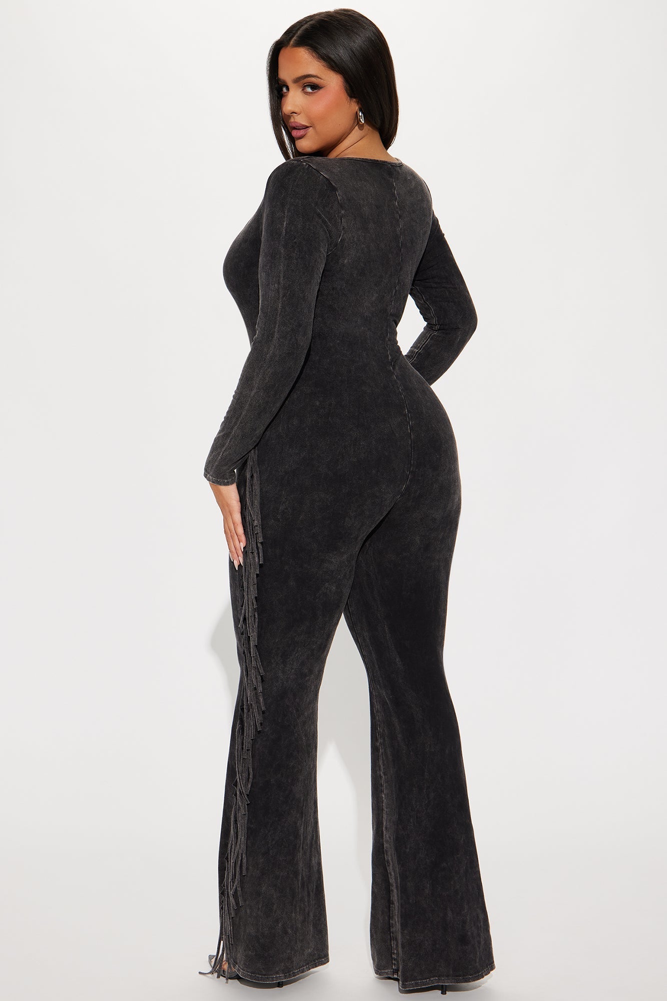 Carry Me Higher Long Sleeve Fringe Jumpsuit - Black