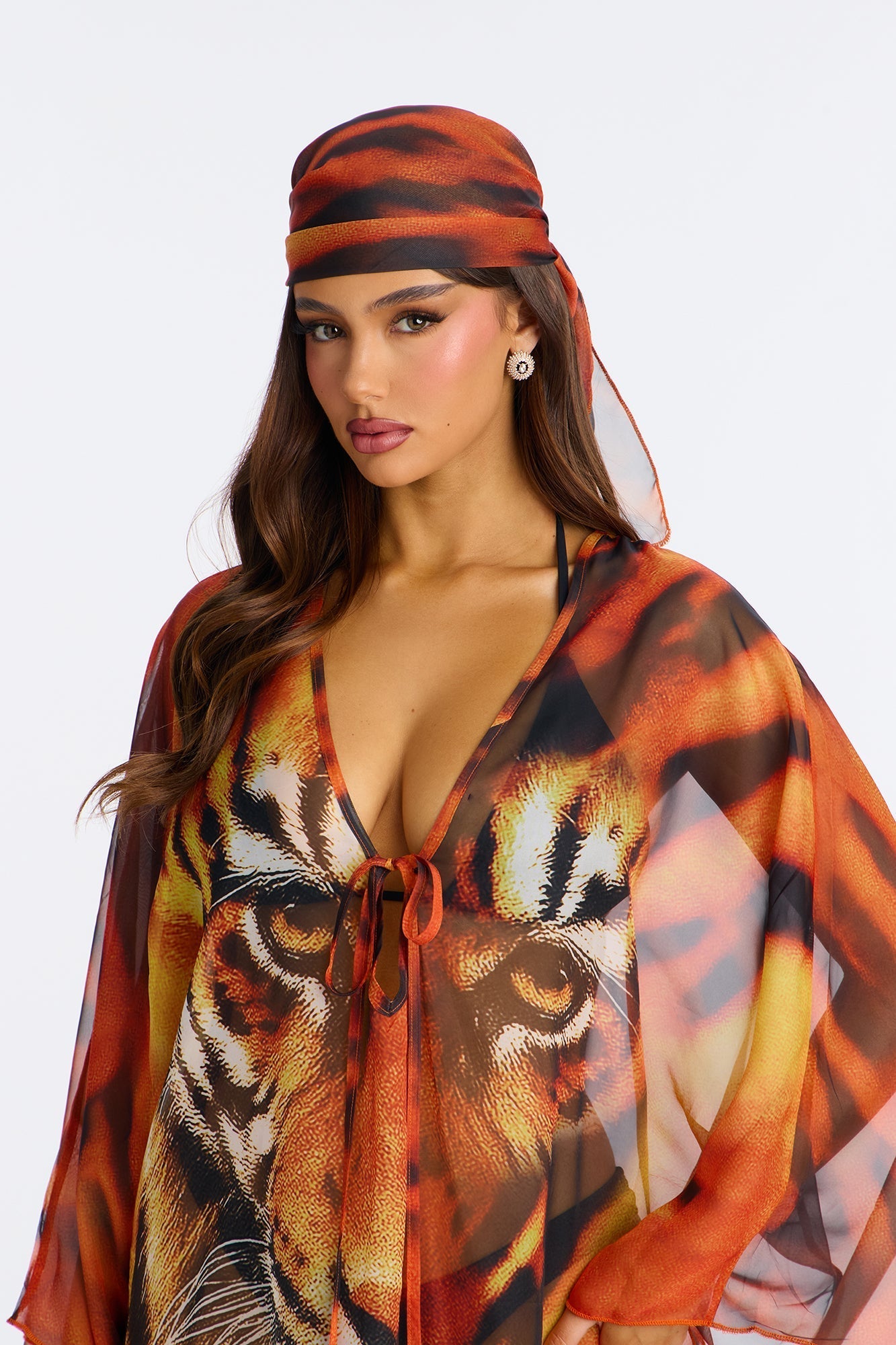 Amelie Maxi Cover Up Kaftan & Matching Headscarf - Orange/combo