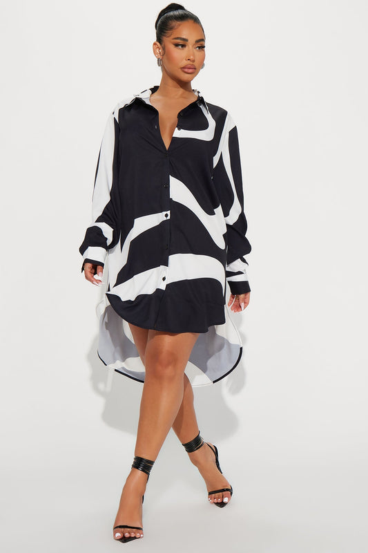 Jayde Button Up Mini Dress - Black/White