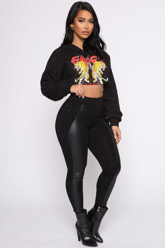 Hint Of Faux Leather Contrast Leggings - Black