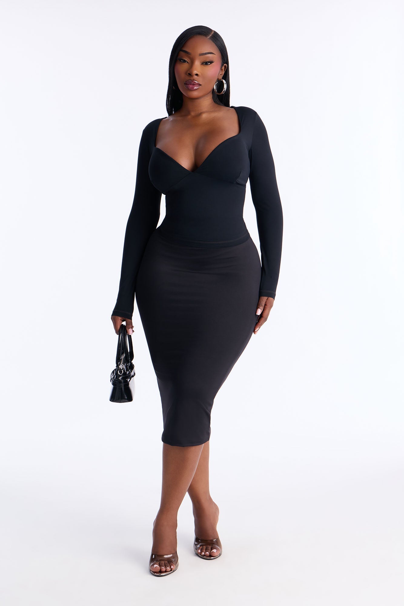 Contour Double Lined Pencil Midi Skirt - Black