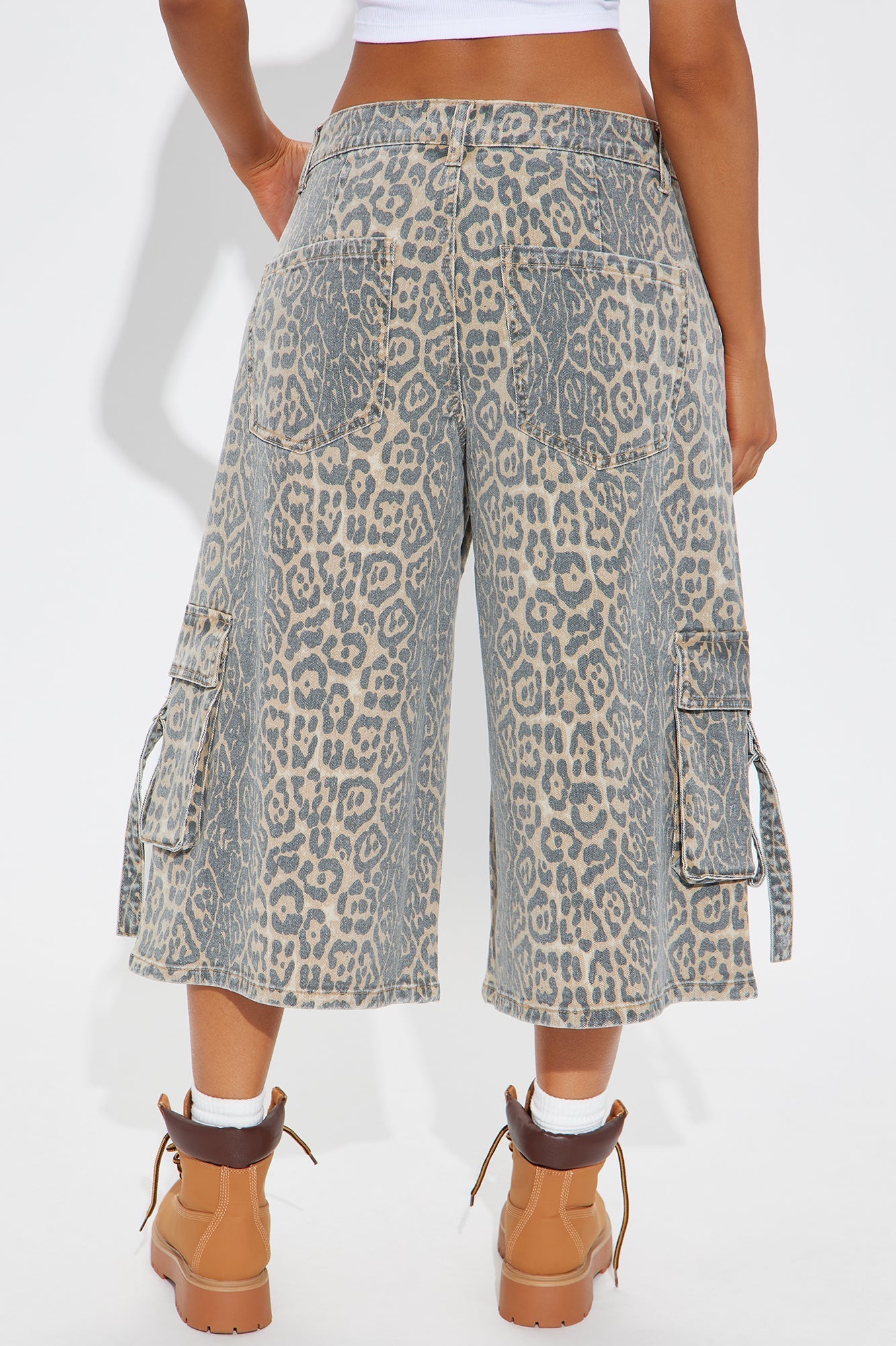 Getting Wild Animal Print Cargo Denim Jorts - Brown Combo