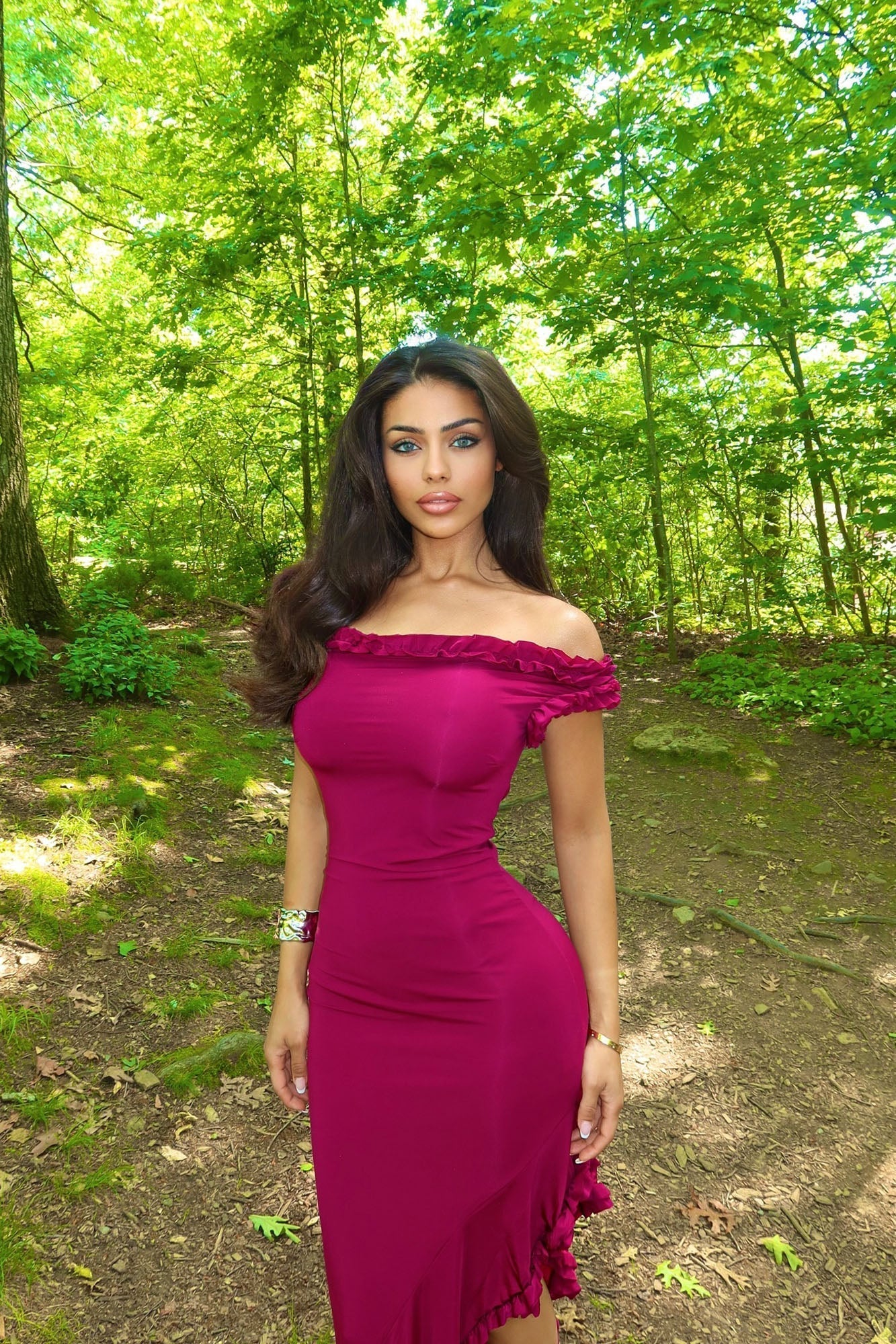 Andrea Ruffle Maxi Dress - Magenta